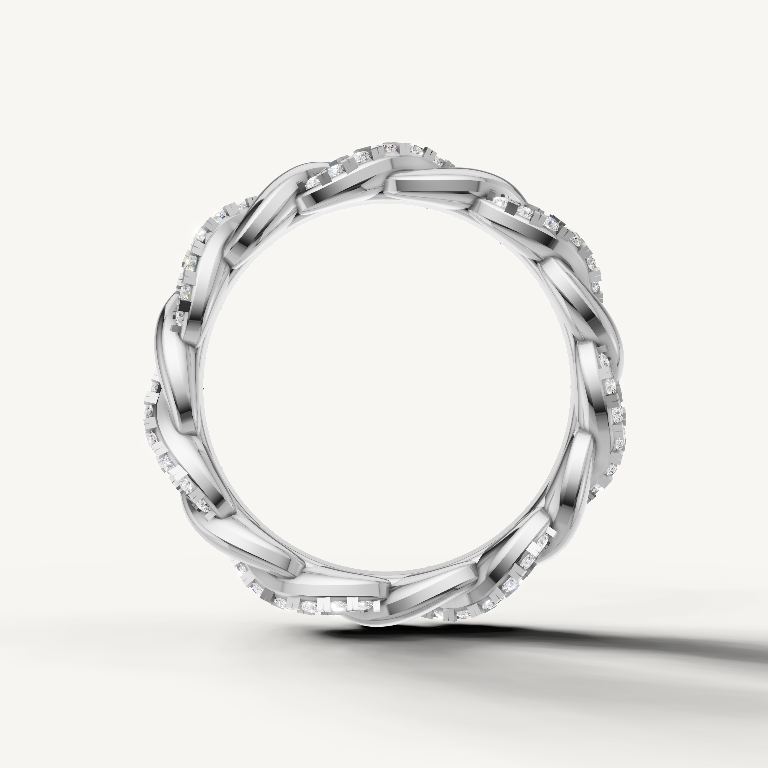 Modern white gold braided diamond wedding band for women with sparkling round diamonds by Raul Diamonds
