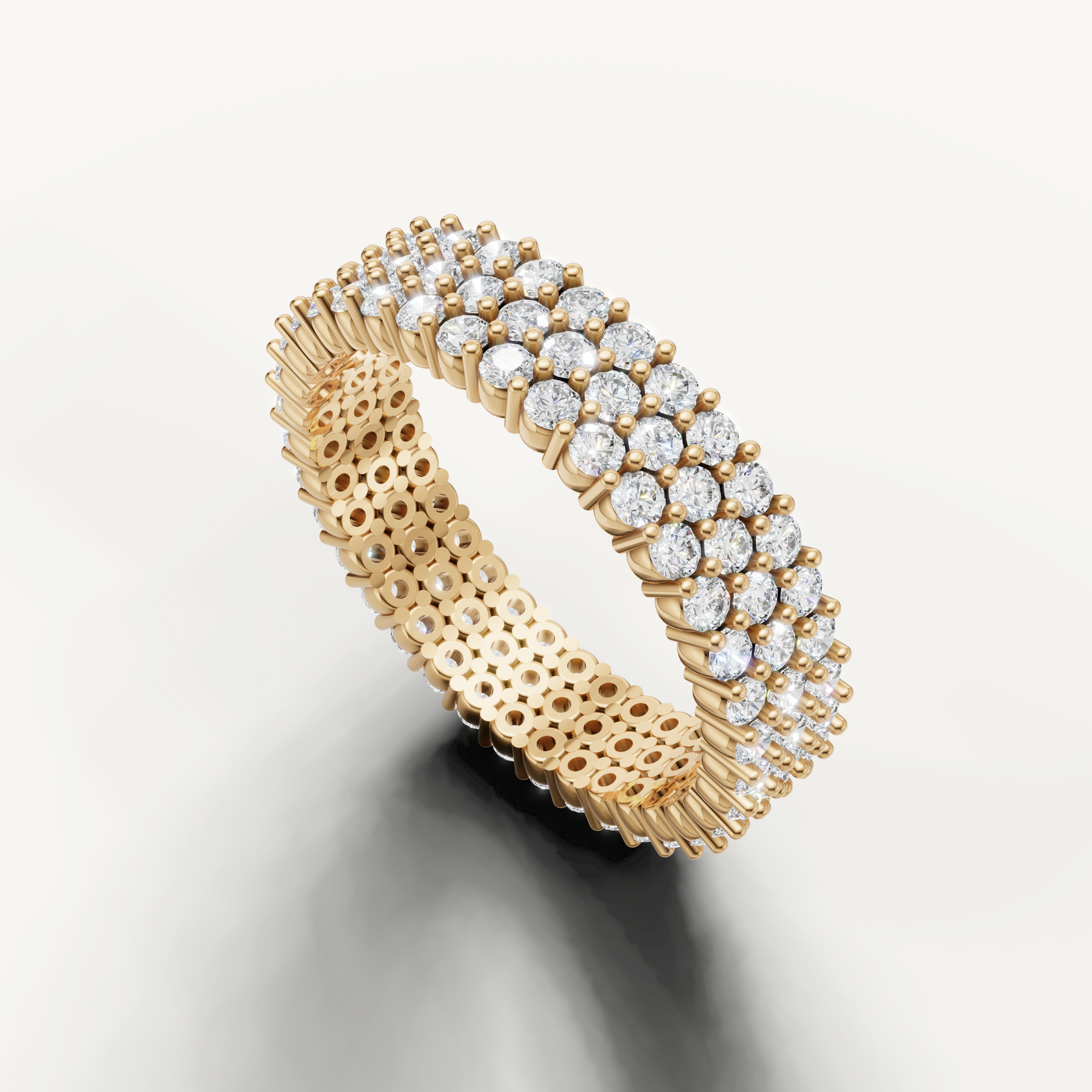 Luxury yellow gold wedding band with brilliant round diamonds and wide eternity styling from Raul Diamonds