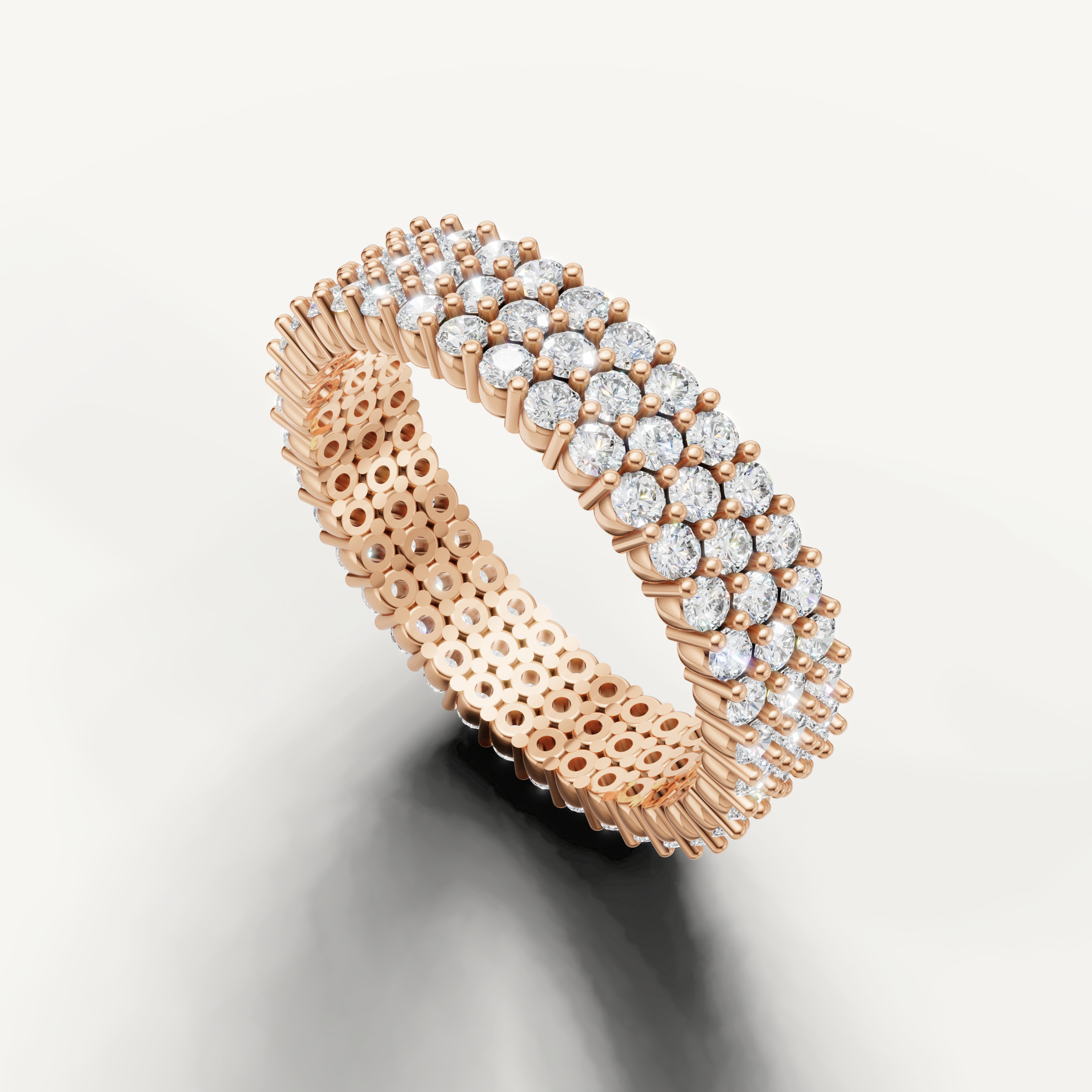 Elegant rose gold wedding band with brilliant round diamonds and contemporary wide band design from Raul Diamonds
