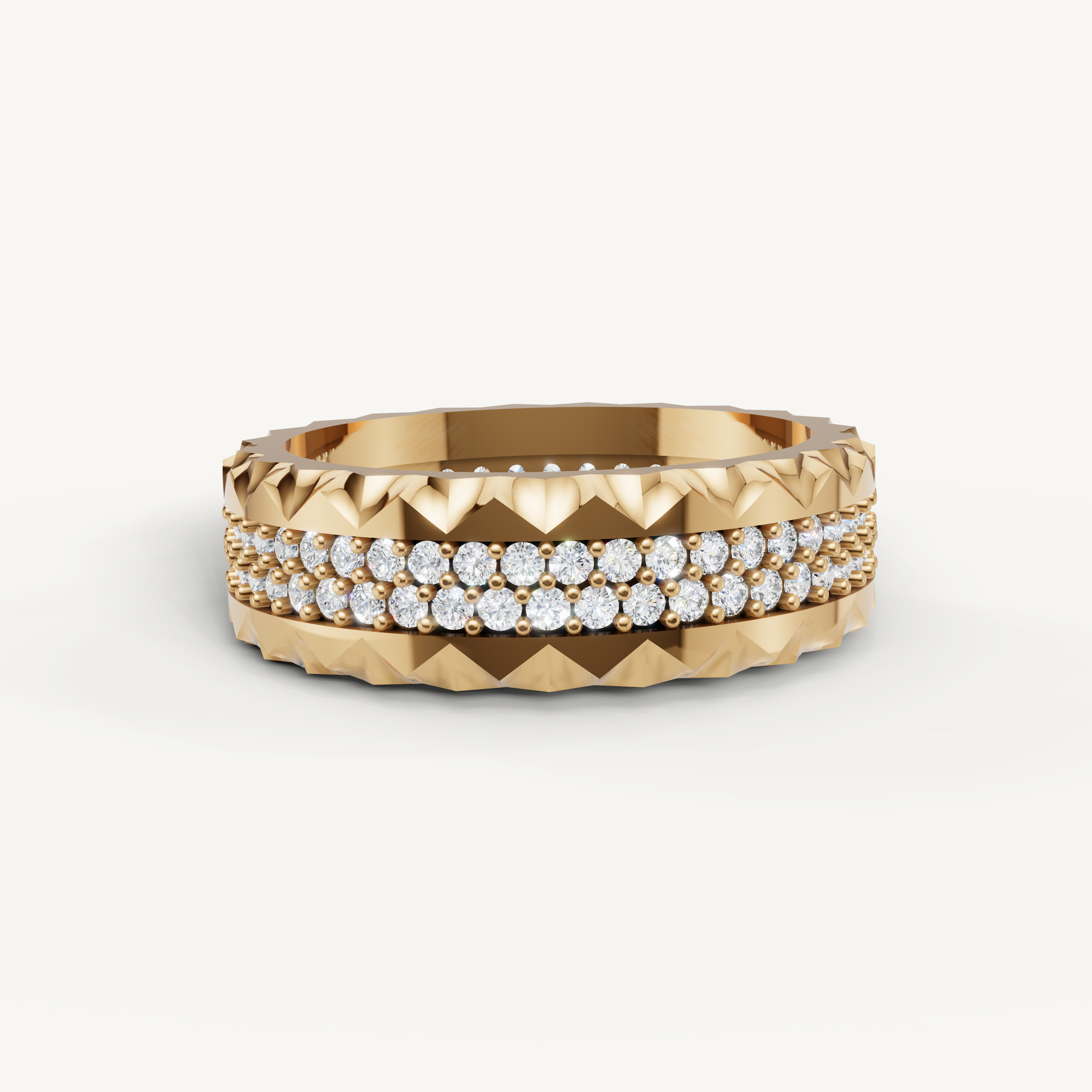 Raul Diamonds yellow gold diamond wedding band with textured edges and triple row pavé diamonds for luxury bridal style