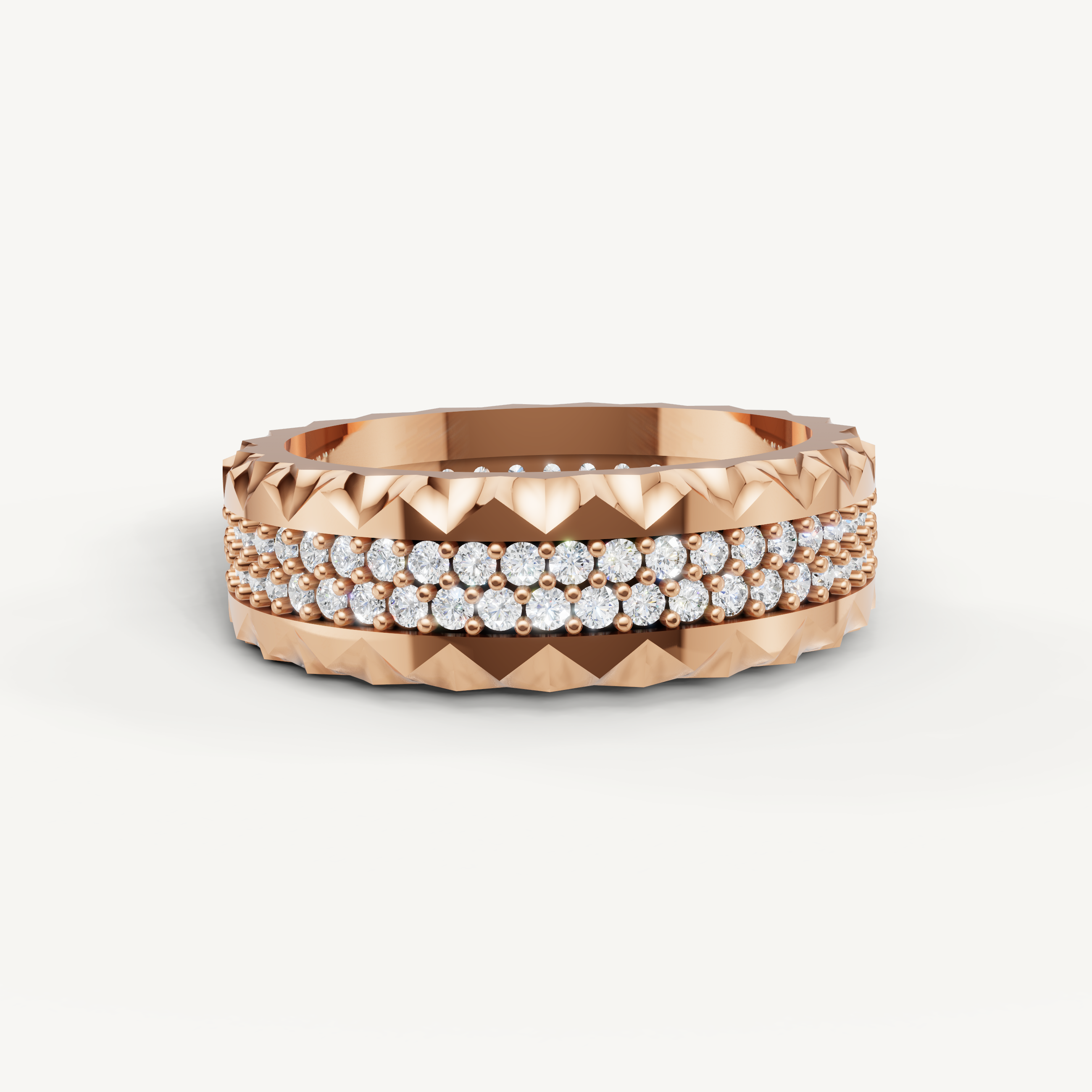 Raul Diamonds rose gold diamond wedding band with triple pavé rows and geometric texture