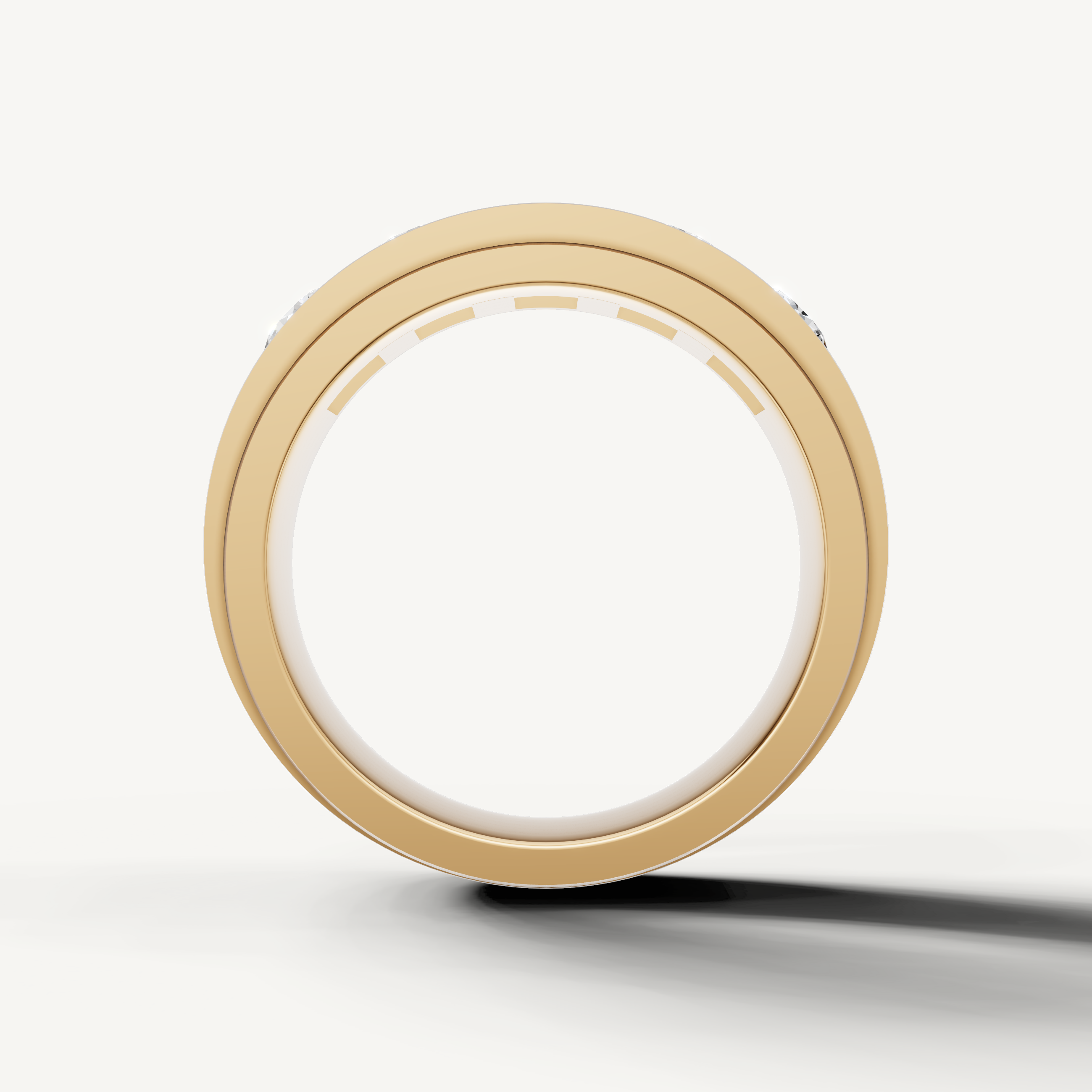 Modern yellow gold diamond wedding band with wide polished finish by Raul Diamonds