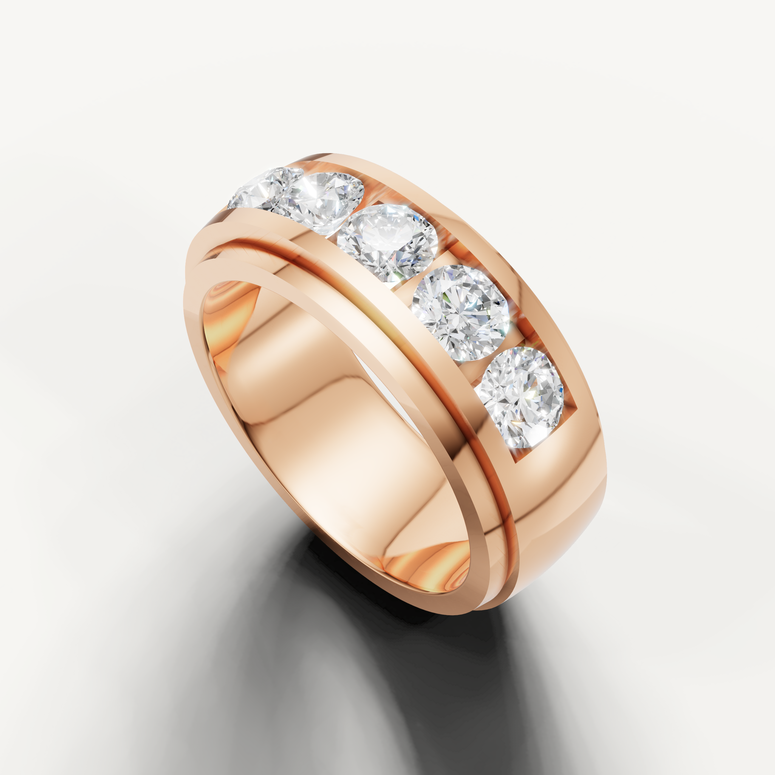 Designer rose gold wedding band with sparkling round diamonds from Raul Diamonds
