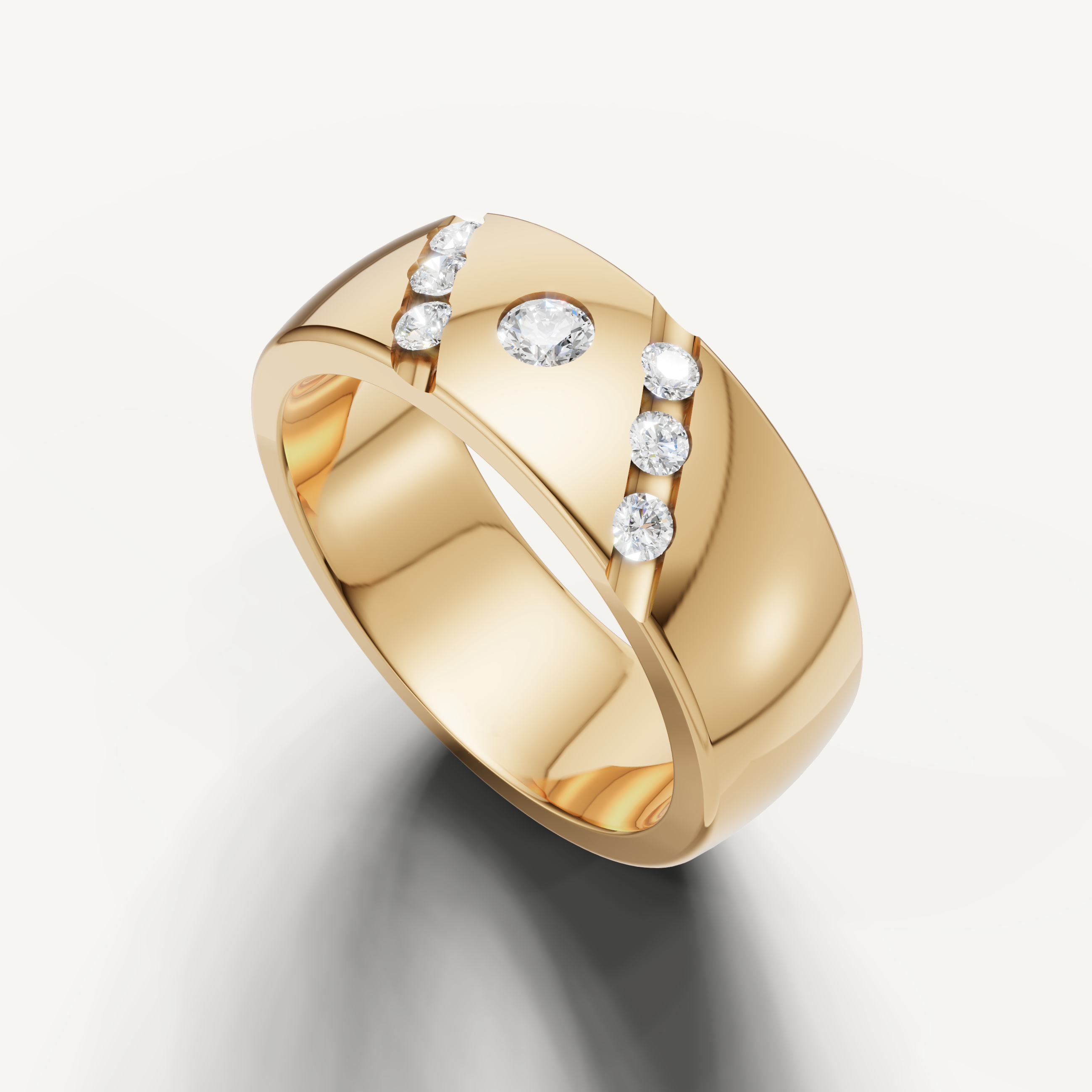 Elegant yellow gold wide wedding band with round diamonds by Raul Diamonds
