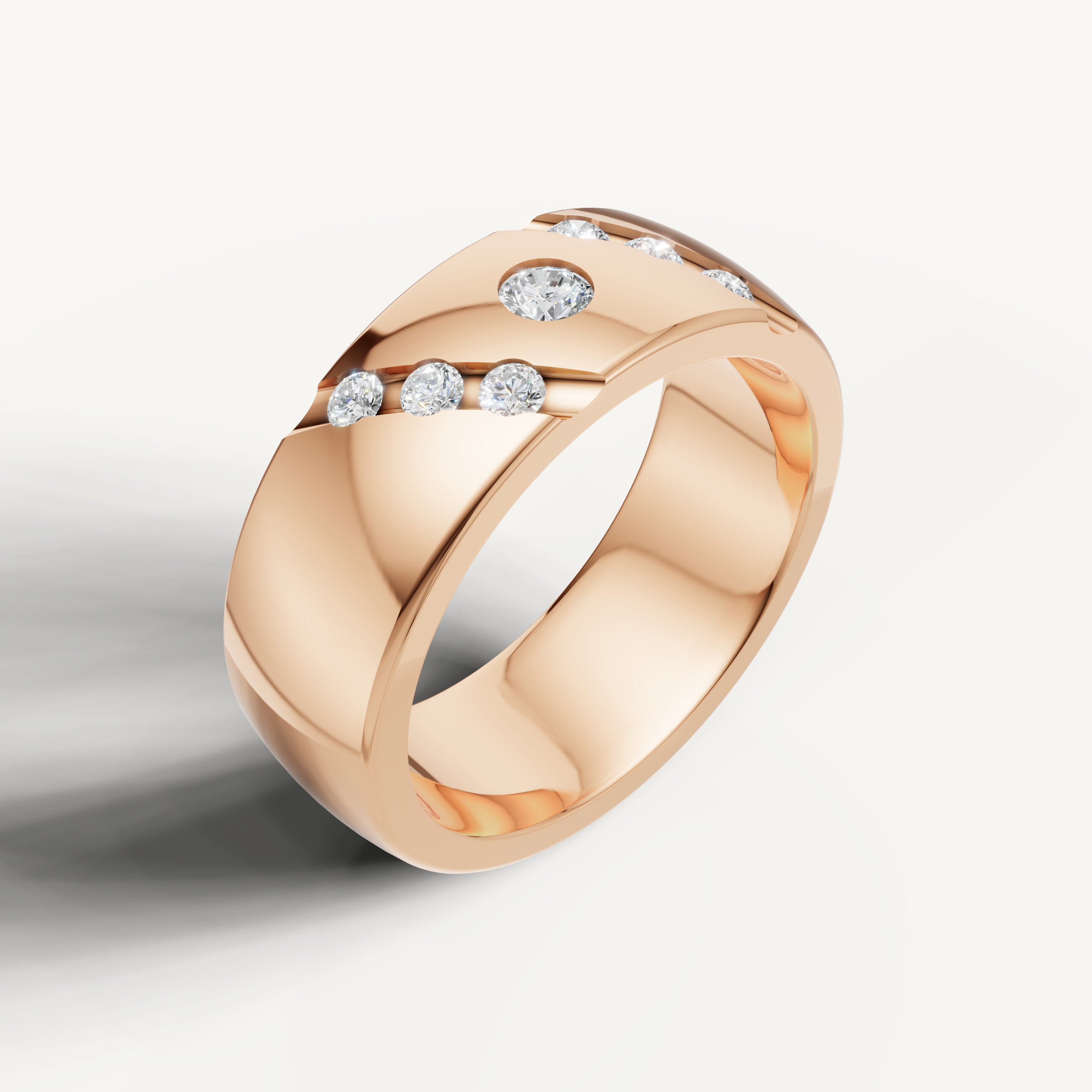 Contemporary rose gold wedding ring by Raul Diamonds with flush set diamond accents