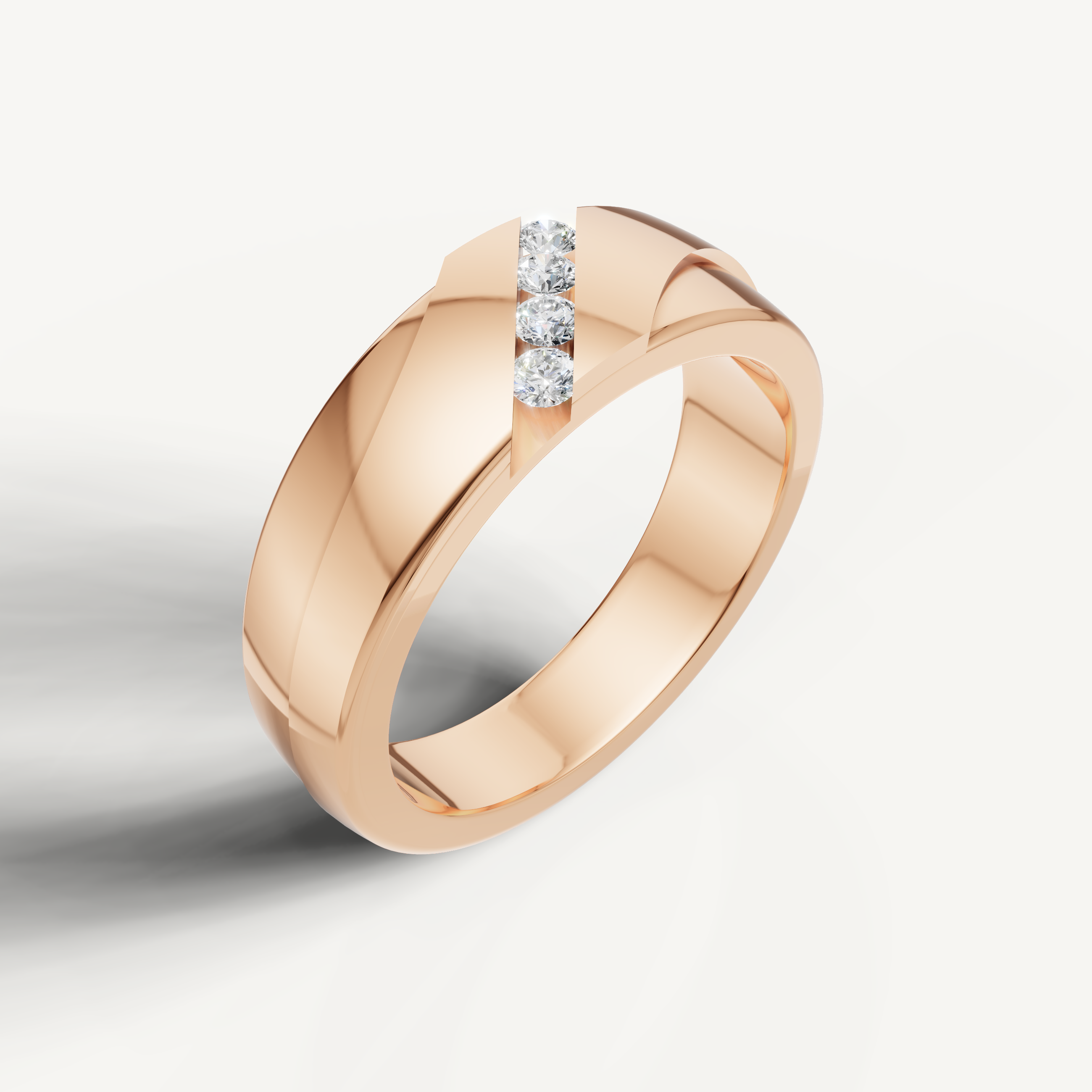 Contemporary rose gold wedding ring by Raul Diamonds with channel set diamond accents