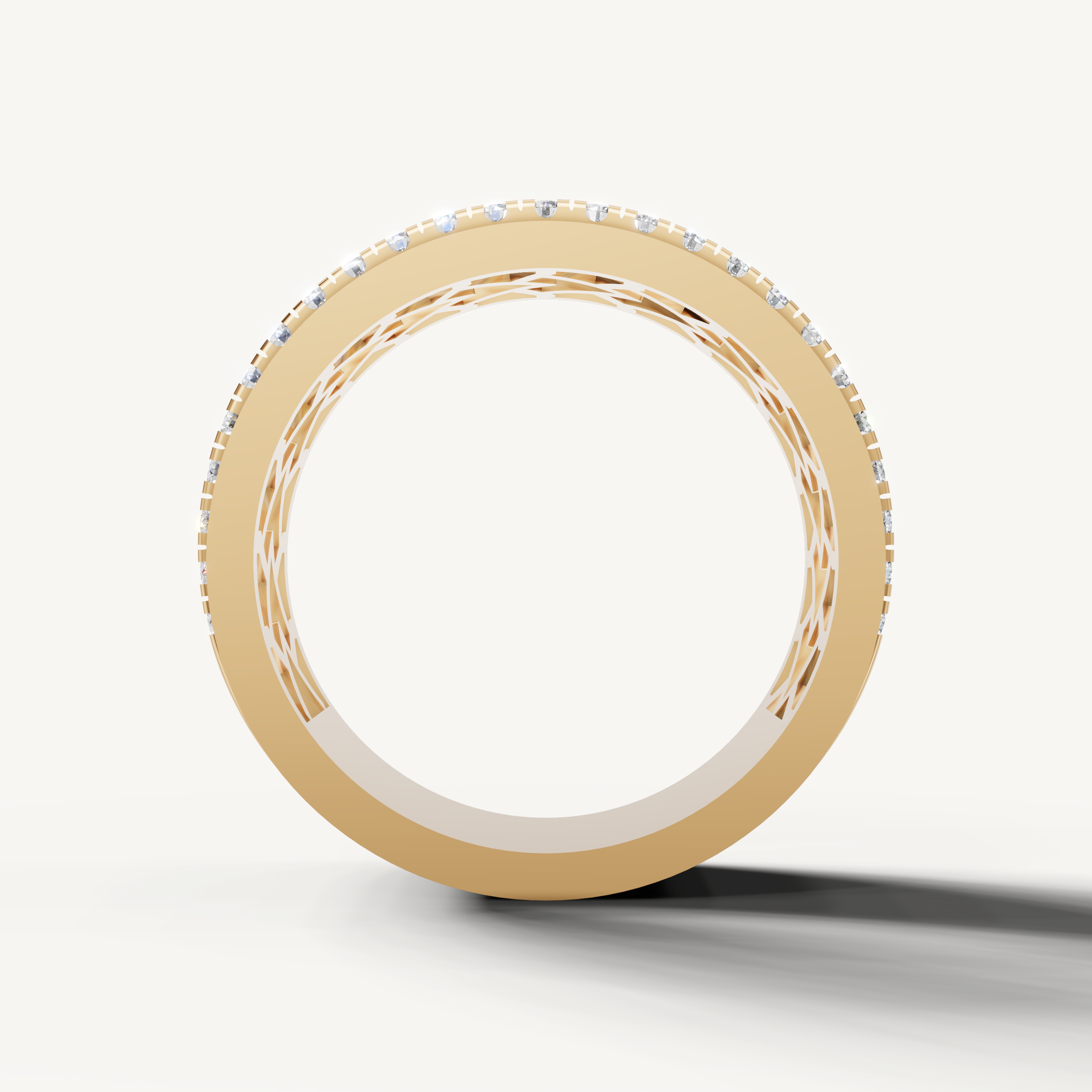 Modern yellow gold diamond wedding band with layered pavé design by Raul Diamonds
