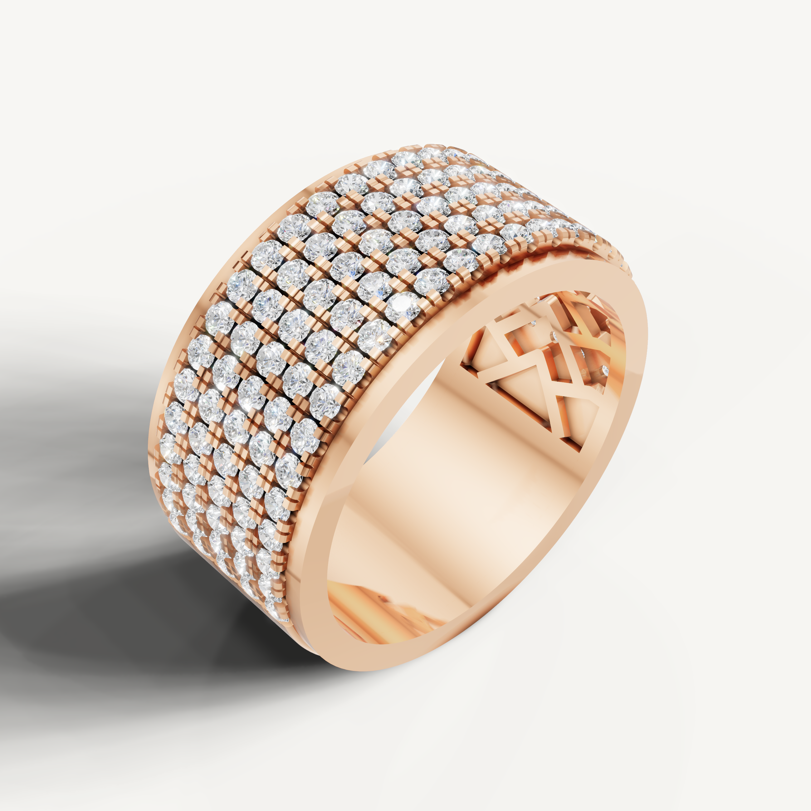 Romantic rose gold wide diamond ring by Raul Diamonds with brilliant sparkle