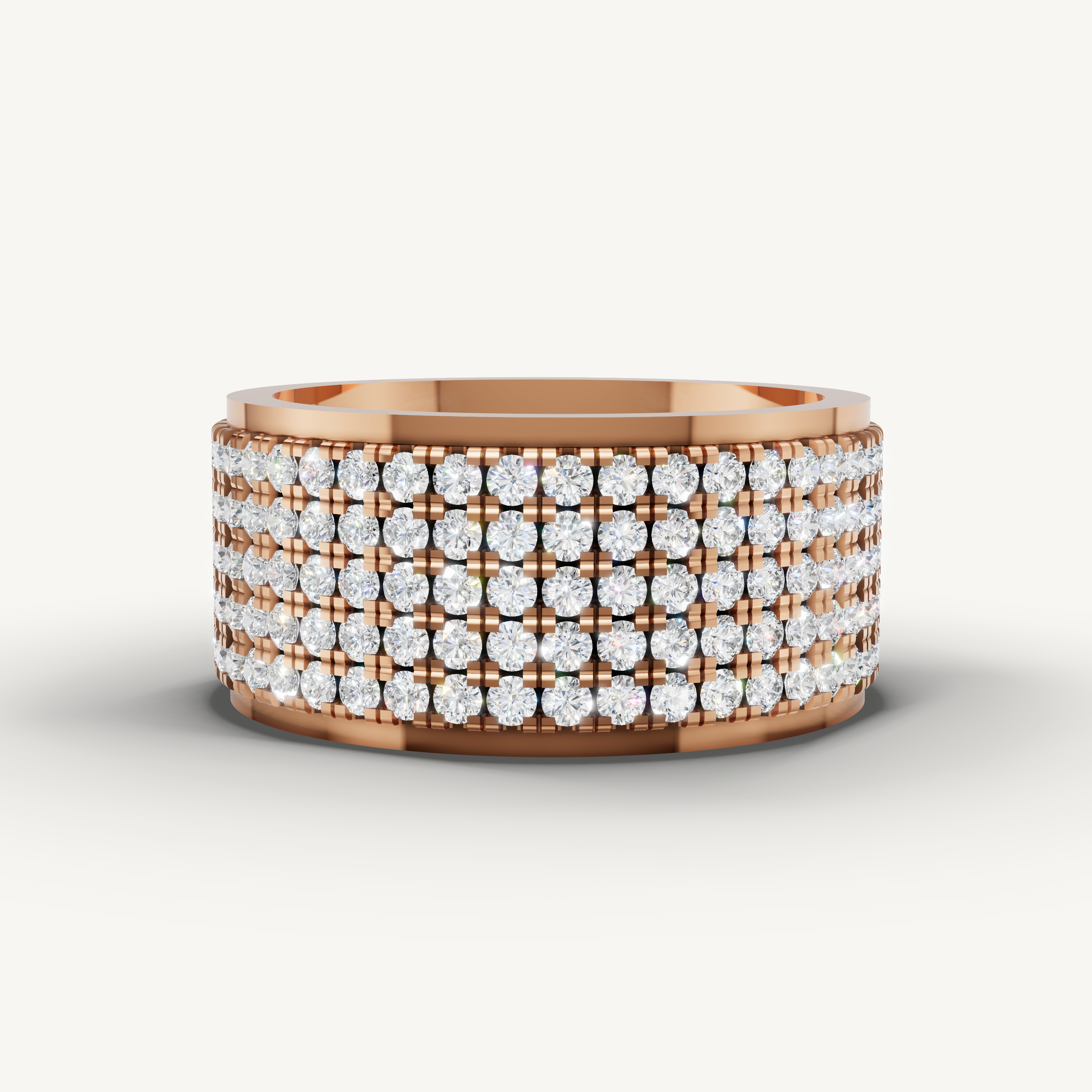 Rose gold pavé diamond wedding band with layered lab grown diamonds and elegant luxury band design by Raul Diamonds