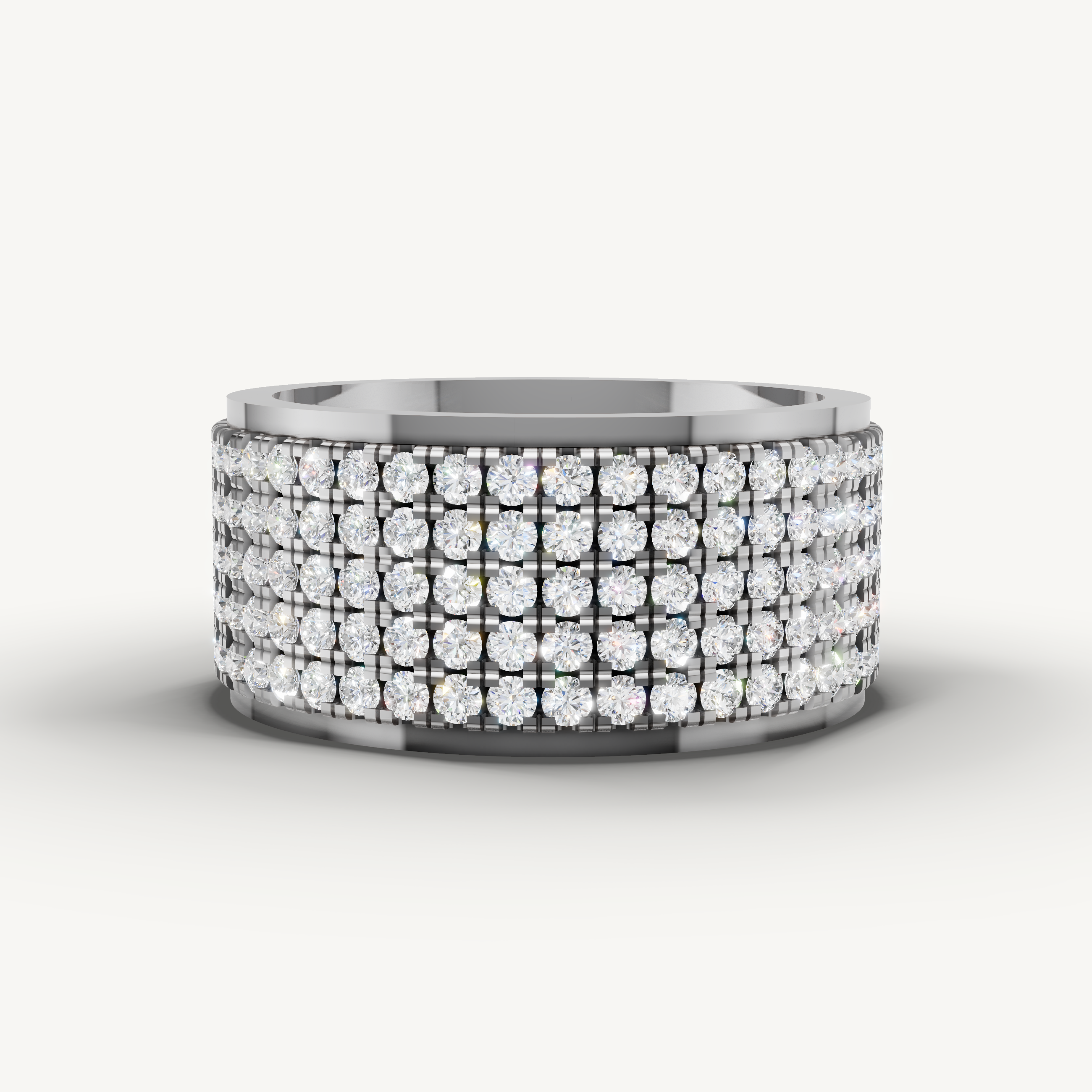 White gold pavé diamond wedding band with multi row lab grown diamonds and modern luxury styling by Raul Diamonds