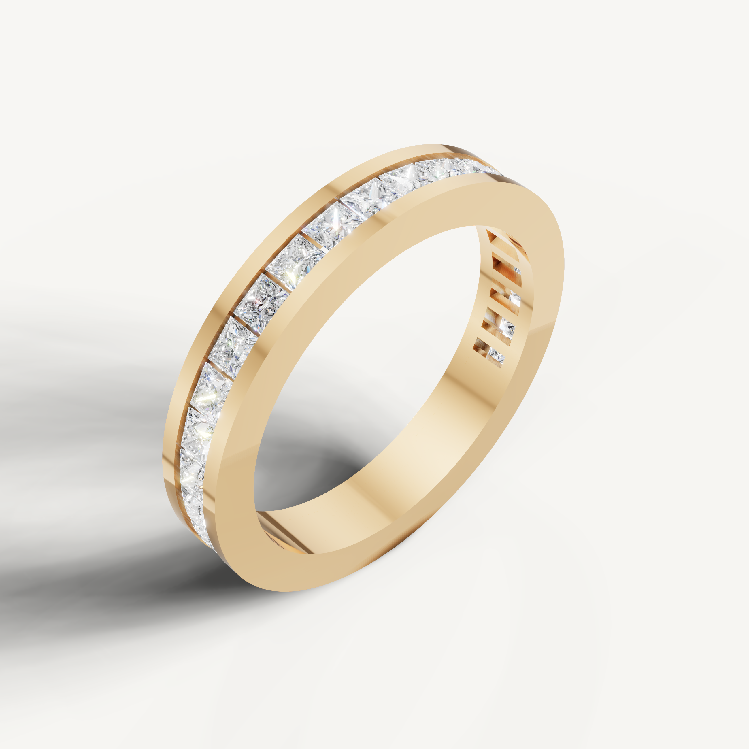 Elegant yellow gold wedding ring by Raul Diamonds featuring princess cut diamonds