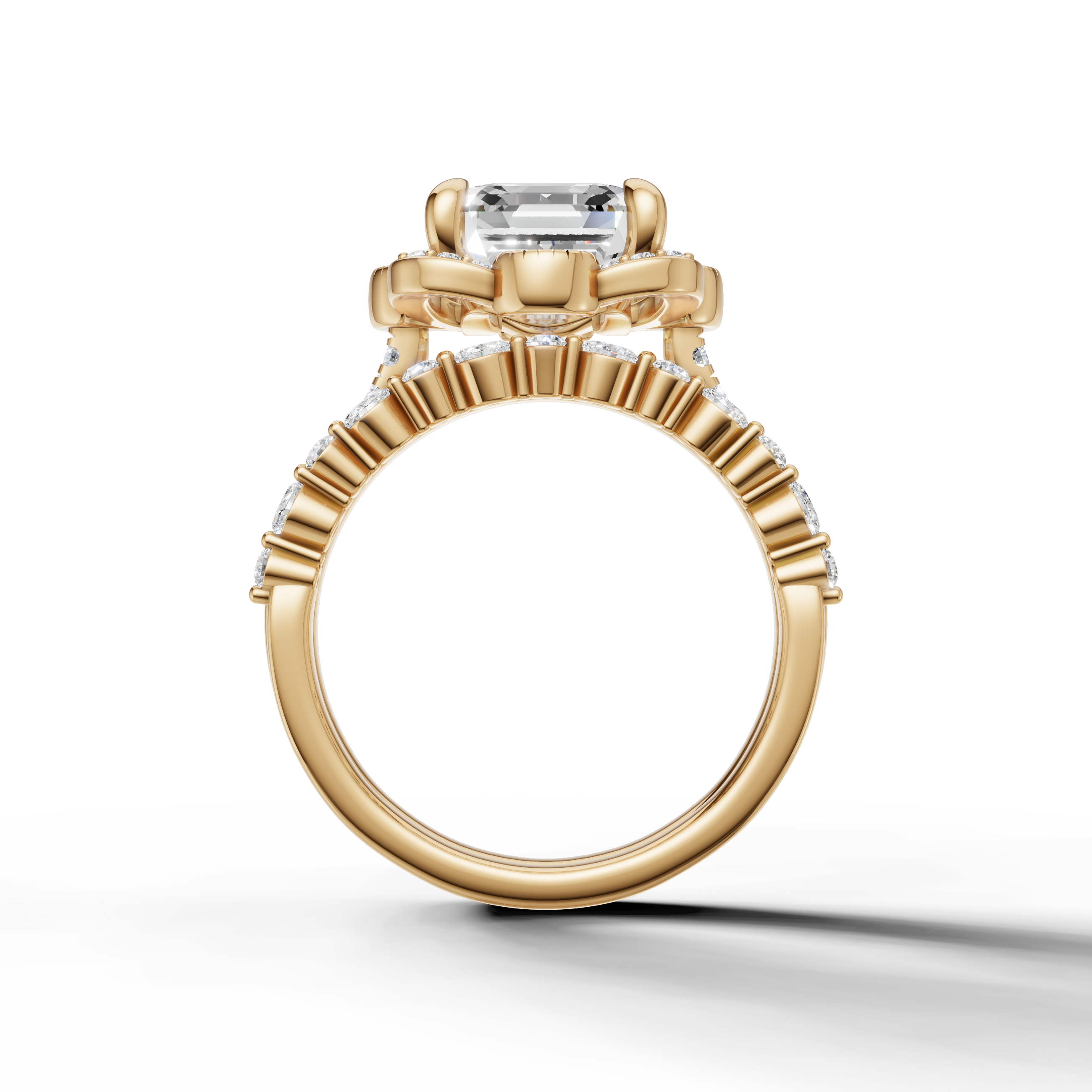 Vintage Inspired Asscher Halo Bridal Set Ring with Diamond Split Band Yellow Gold