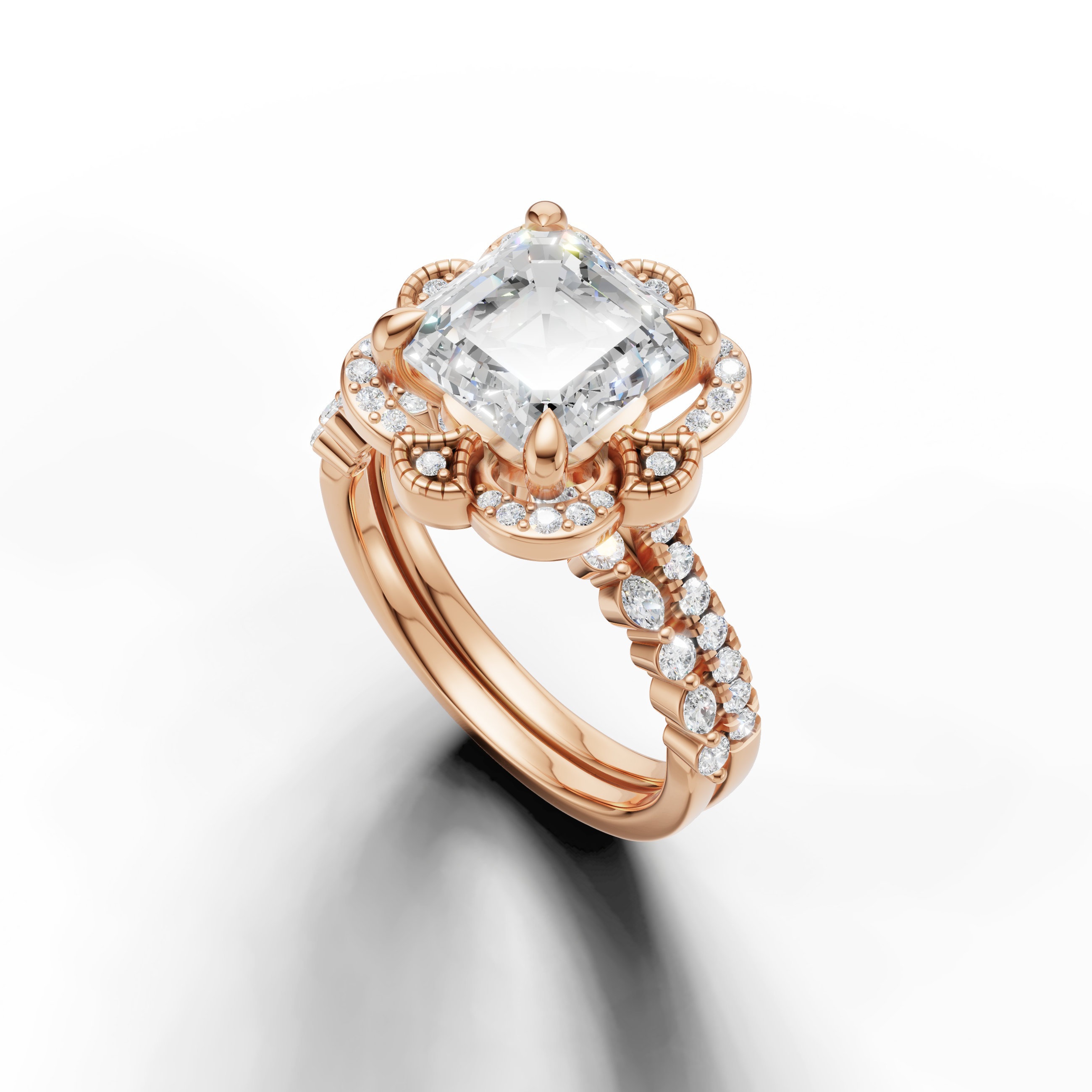 Elegant Asscher Cut Bridal Ring Set with Pavé Split Band Rose Gold