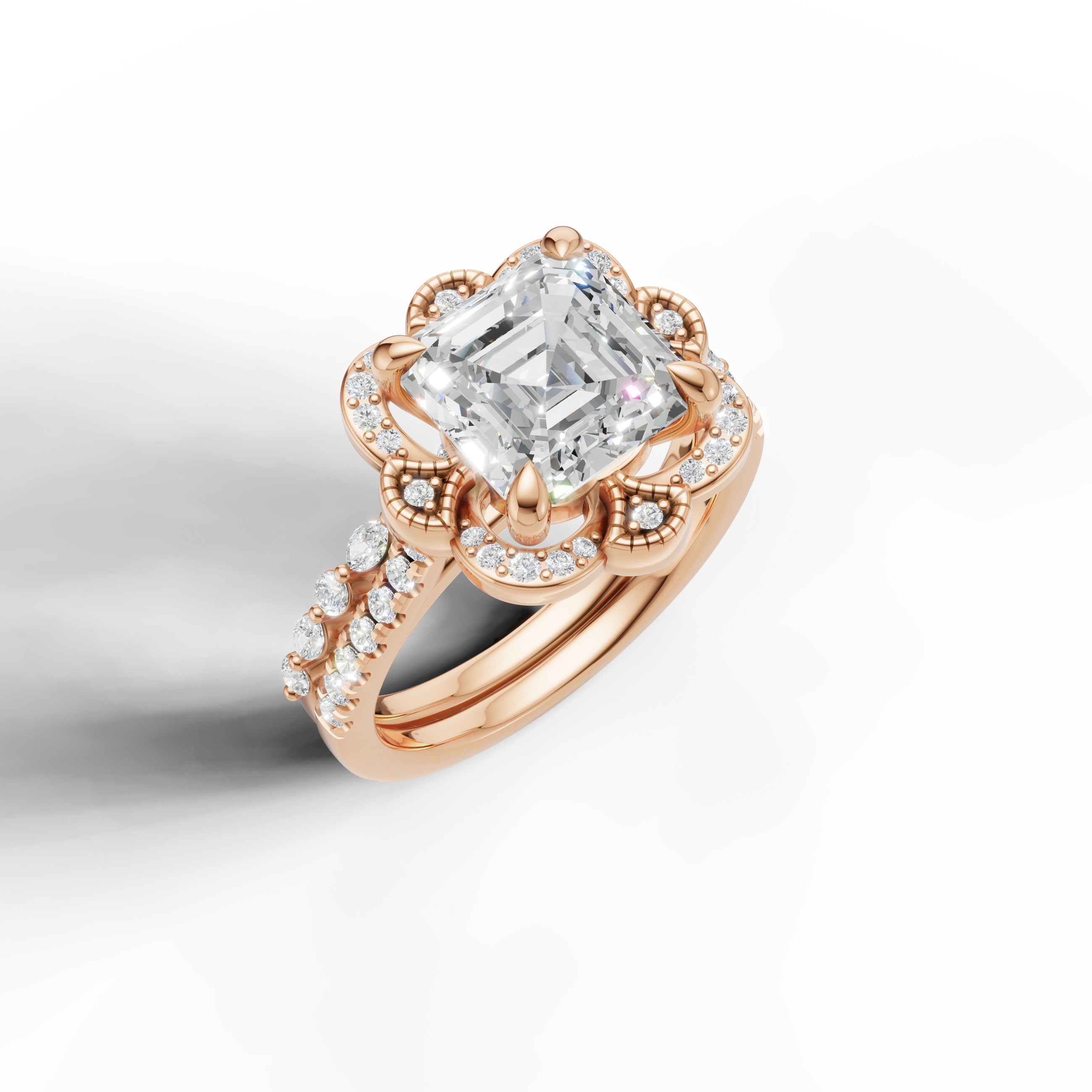 Romantic Asscher Diamond Engagement Bridal Set with Floral Halo Rose Gold
