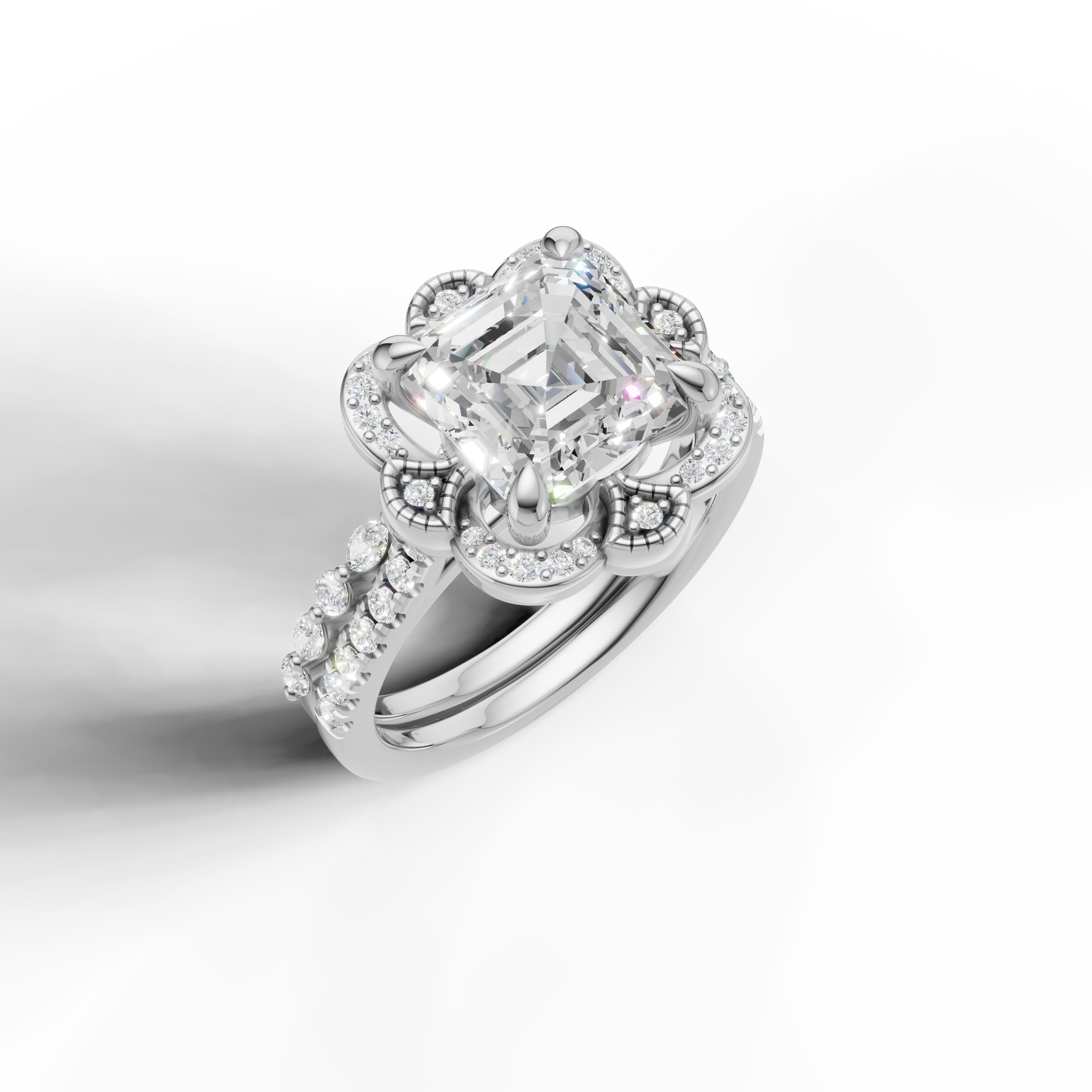 Classic Asscher Diamond Bridal Ring Set with Vintage Halo White Gold