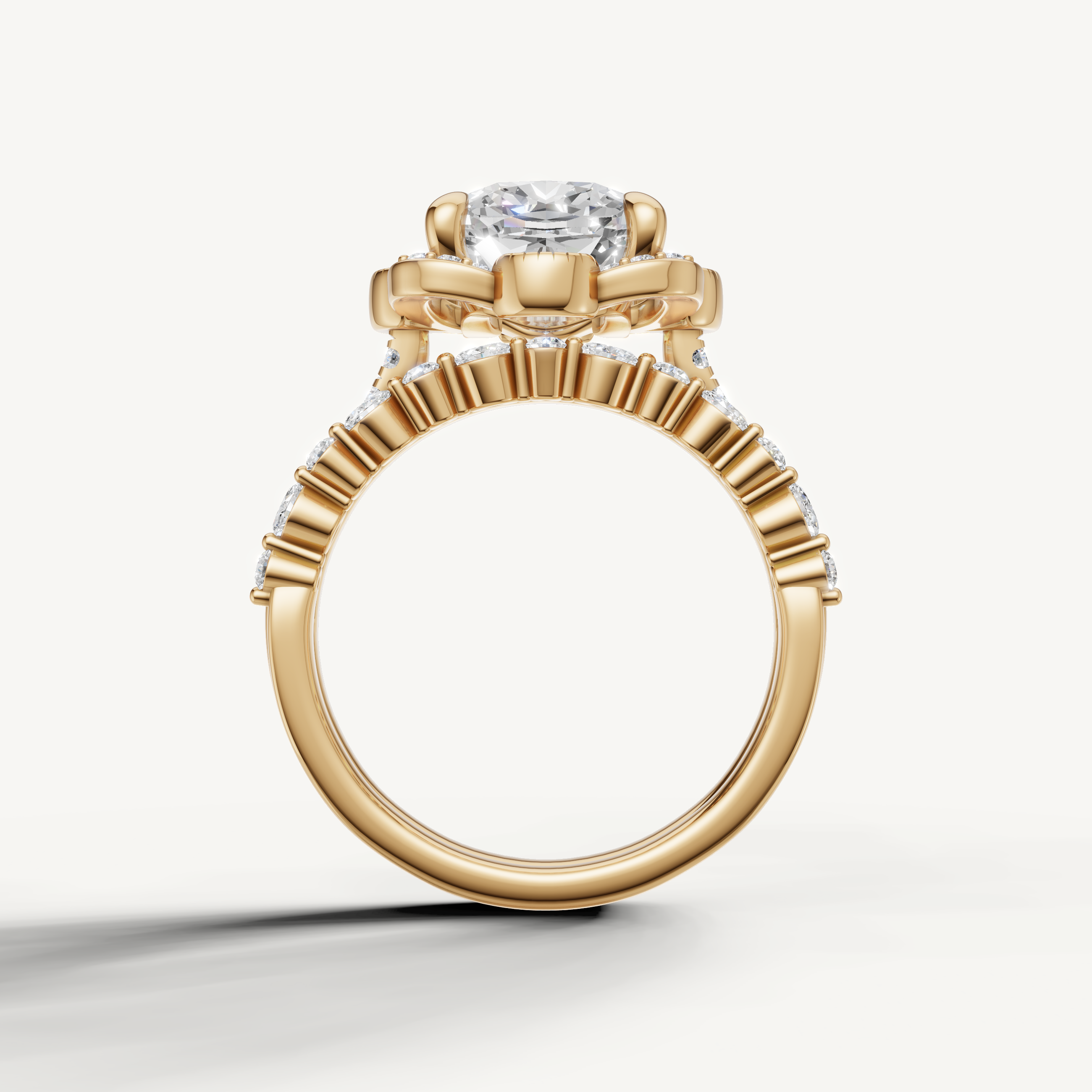 Vintage Inspired Cushion Halo Bridal Set Ring with Diamond Split Band Yellow Gold