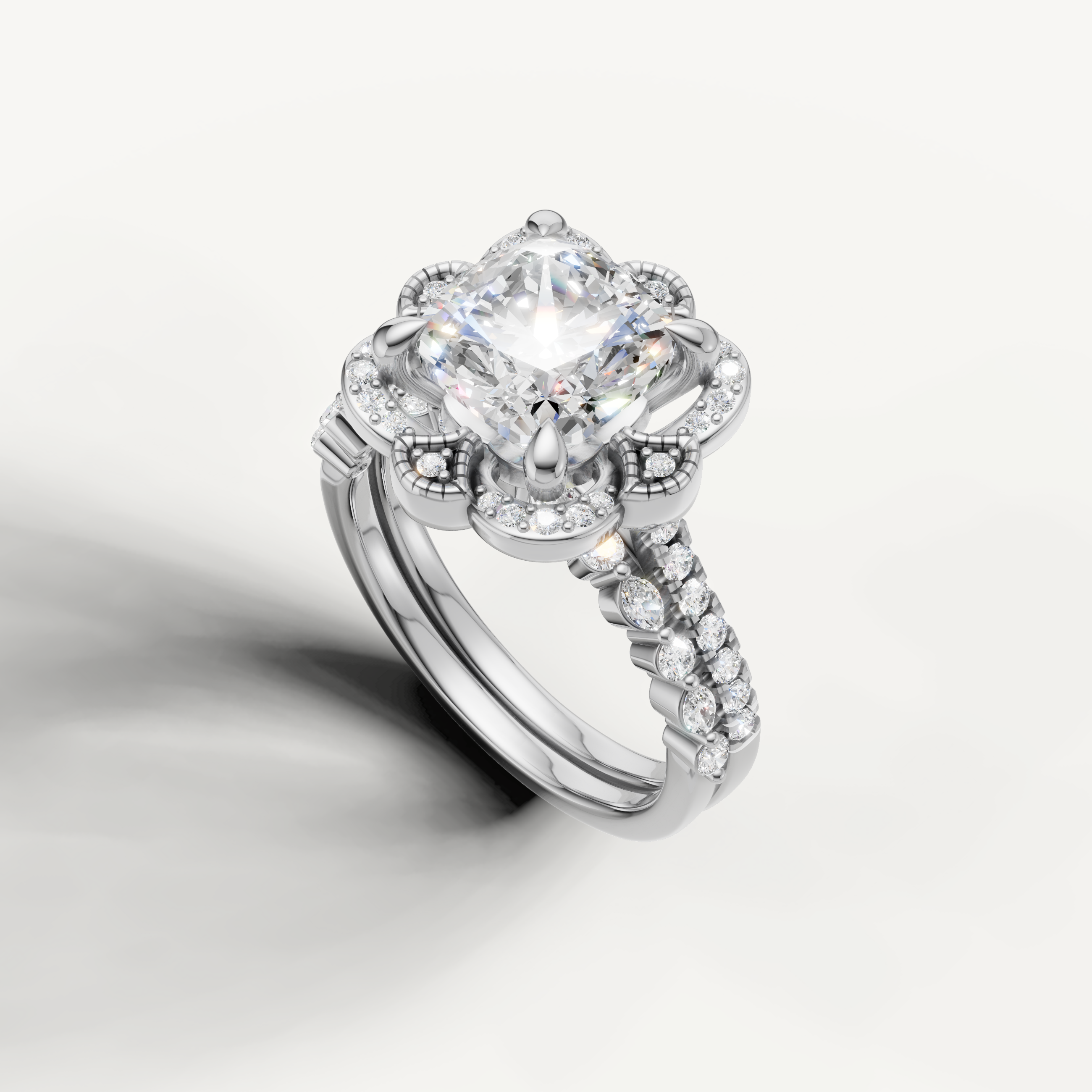 Modern Cushion Cut Lab Grown Diamond Bridal Set with Floral Pavé Halo White Gold