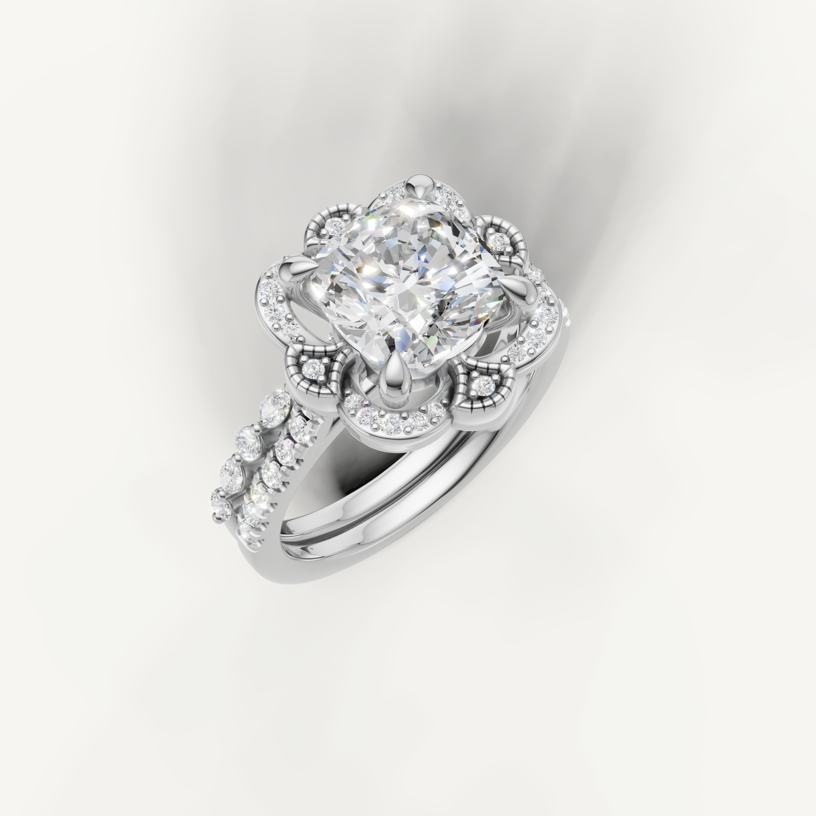 Classic Cushion Diamond Bridal Ring Set with Vintage Halo White Gold
