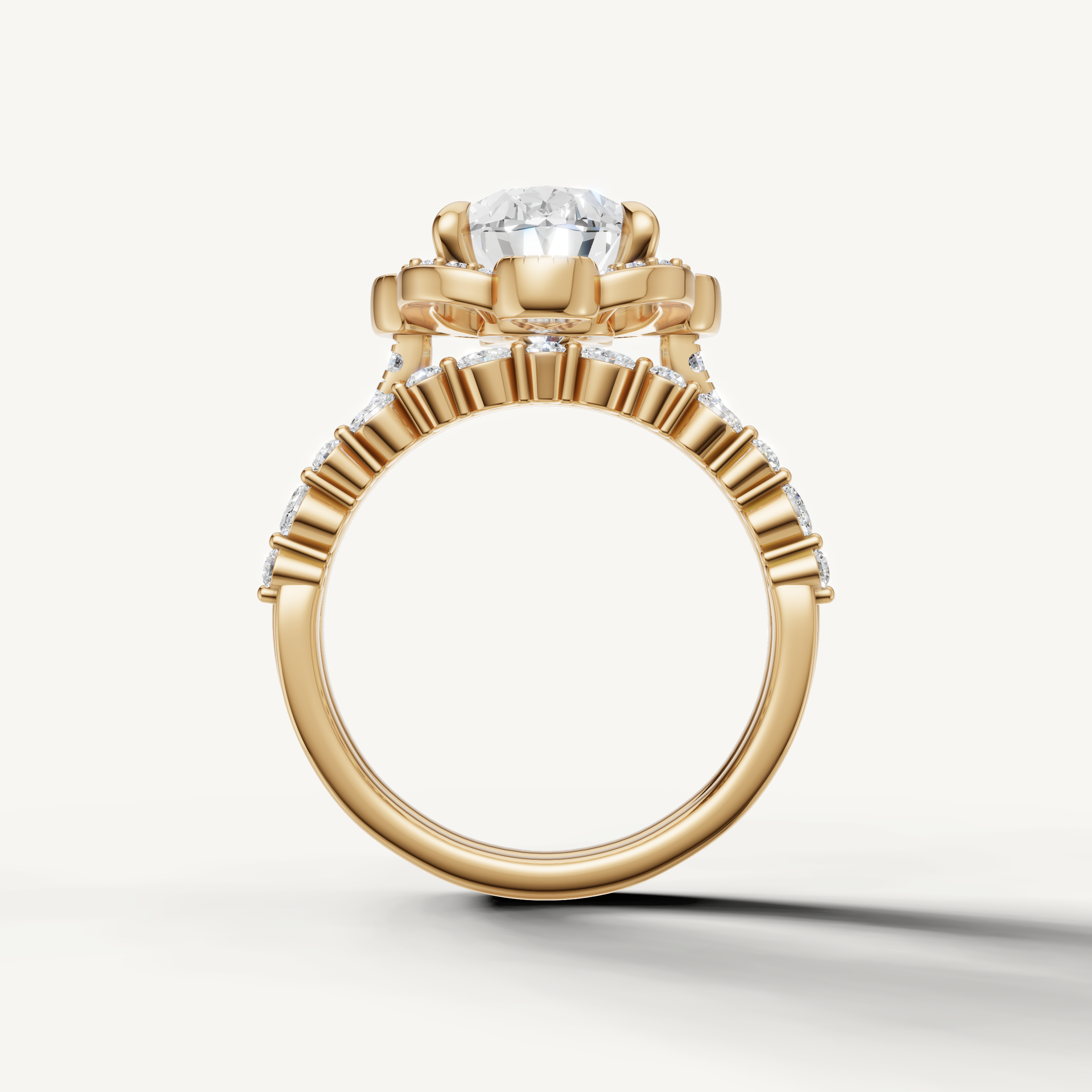 Vintage Inspired Oval Halo Bridal Set Ring with Diamond Split Band Yellow Gold
