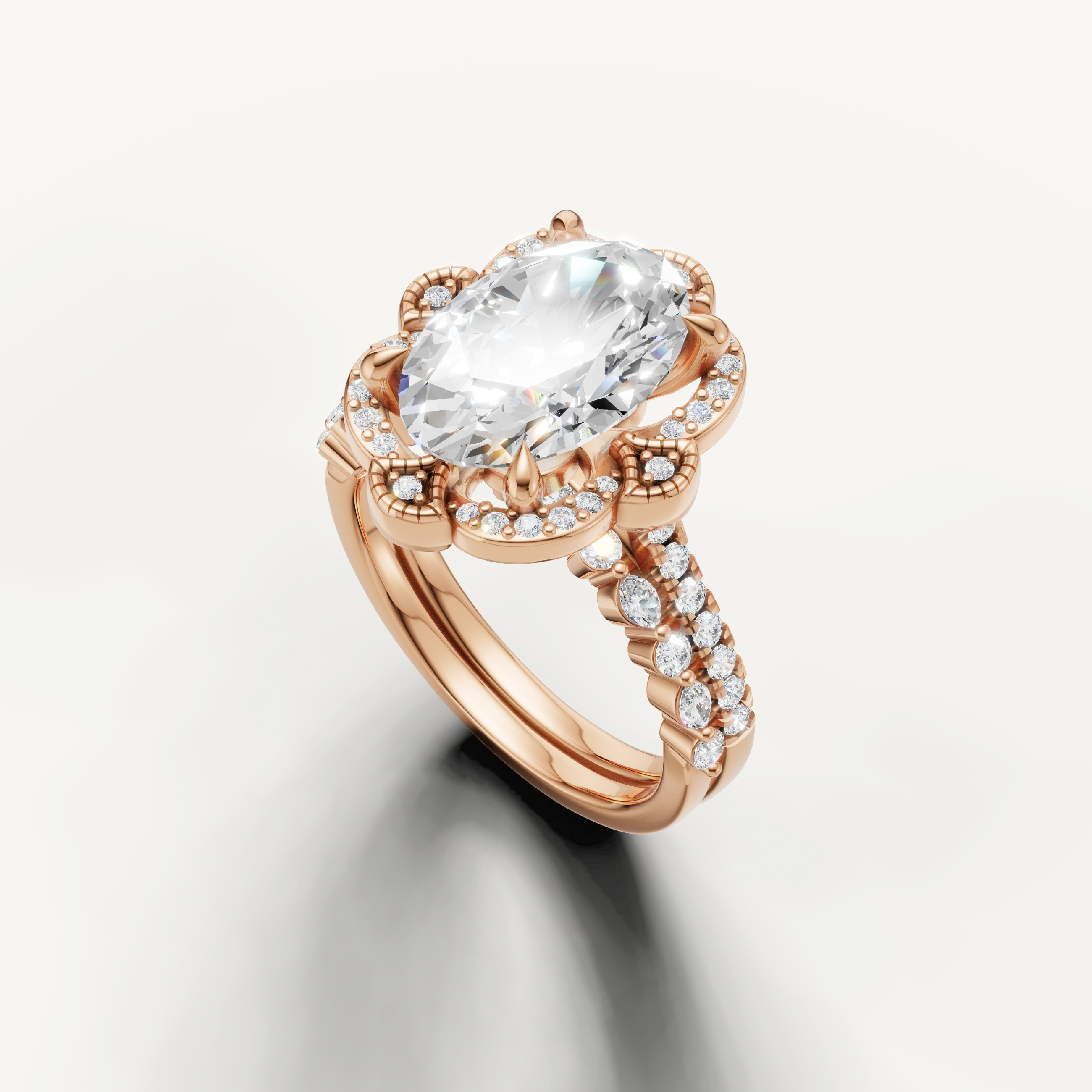 Elegant Oval Cut Bridal Ring Set with Pavé Split Band Rose Gold