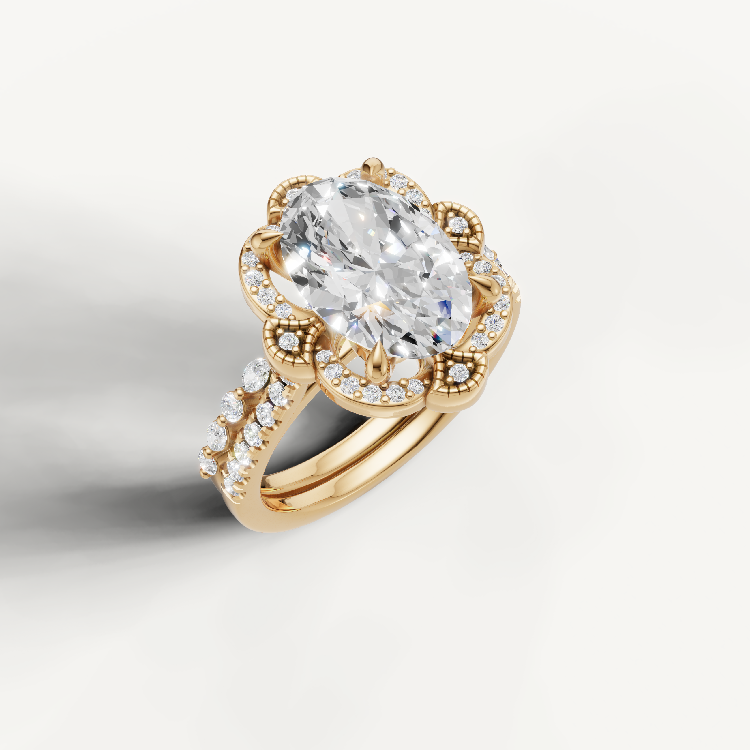 Elegant Oval Diamond Bridal Ring Set with Vintage Floral Halo Yellow Gold