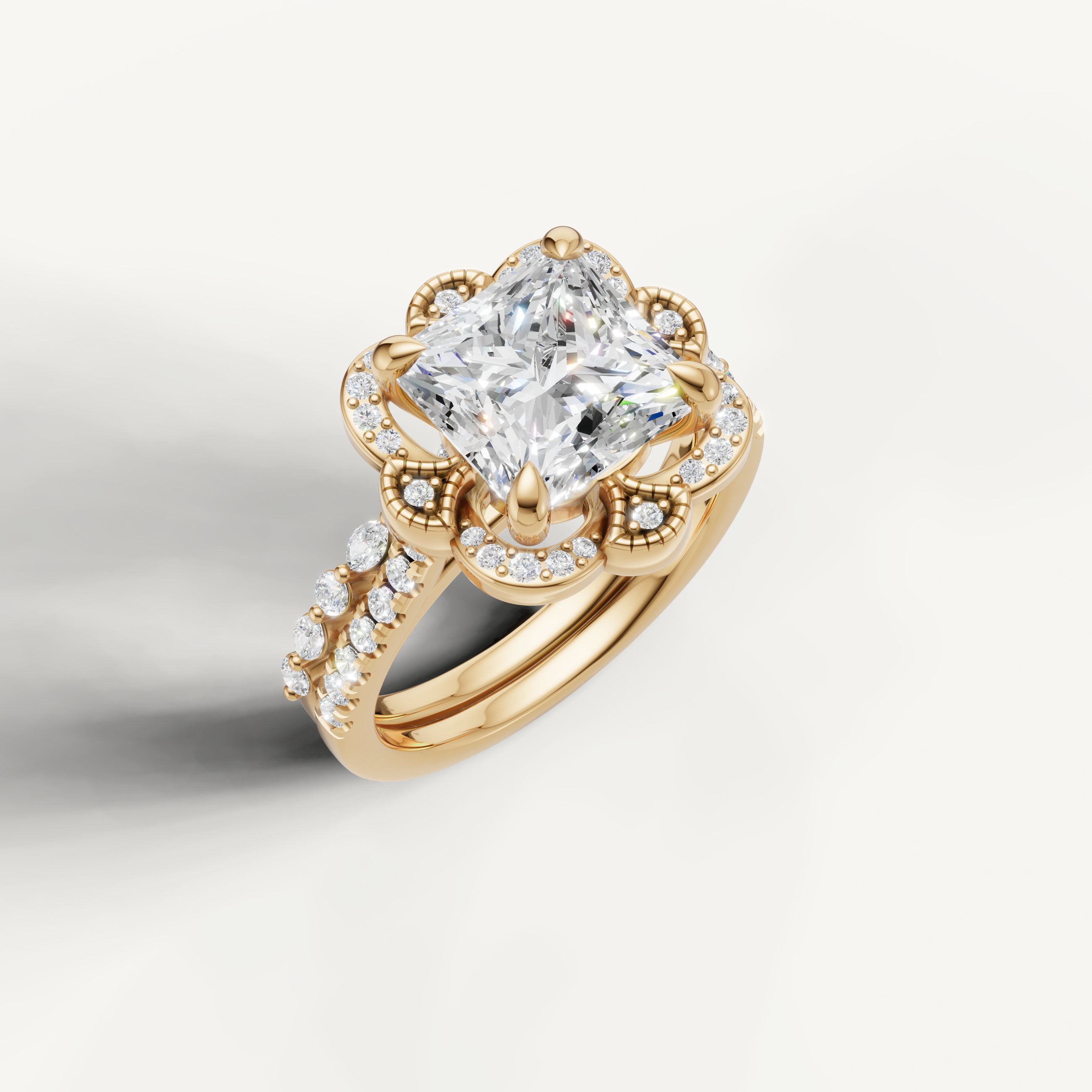 Elegant Princess Diamond Bridal Ring Set with Vintage Floral Halo Yellow Gold