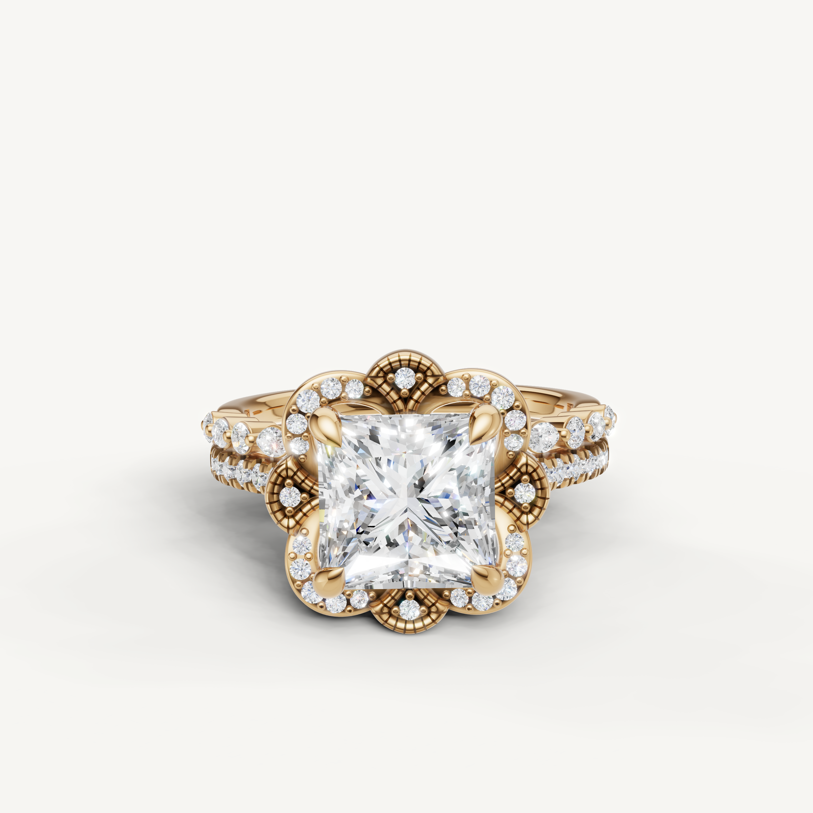 Raul Diamonds Princess Cut Lab Grown Diamond Floral Halo Bridal Set in 14K Yellow Gold