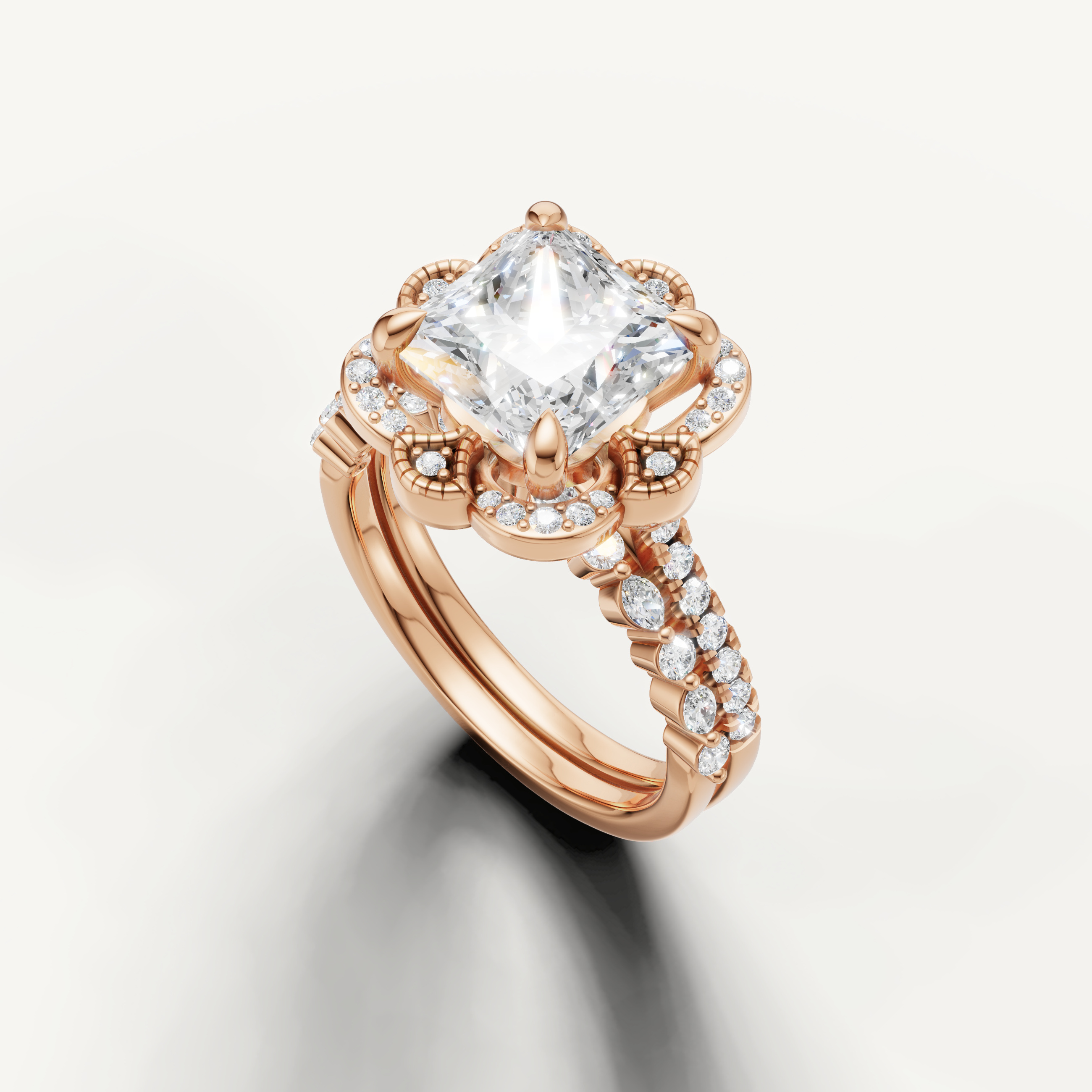 Elegant Princess Cut Bridal Ring Set with Pavé Split Band Rose Gold