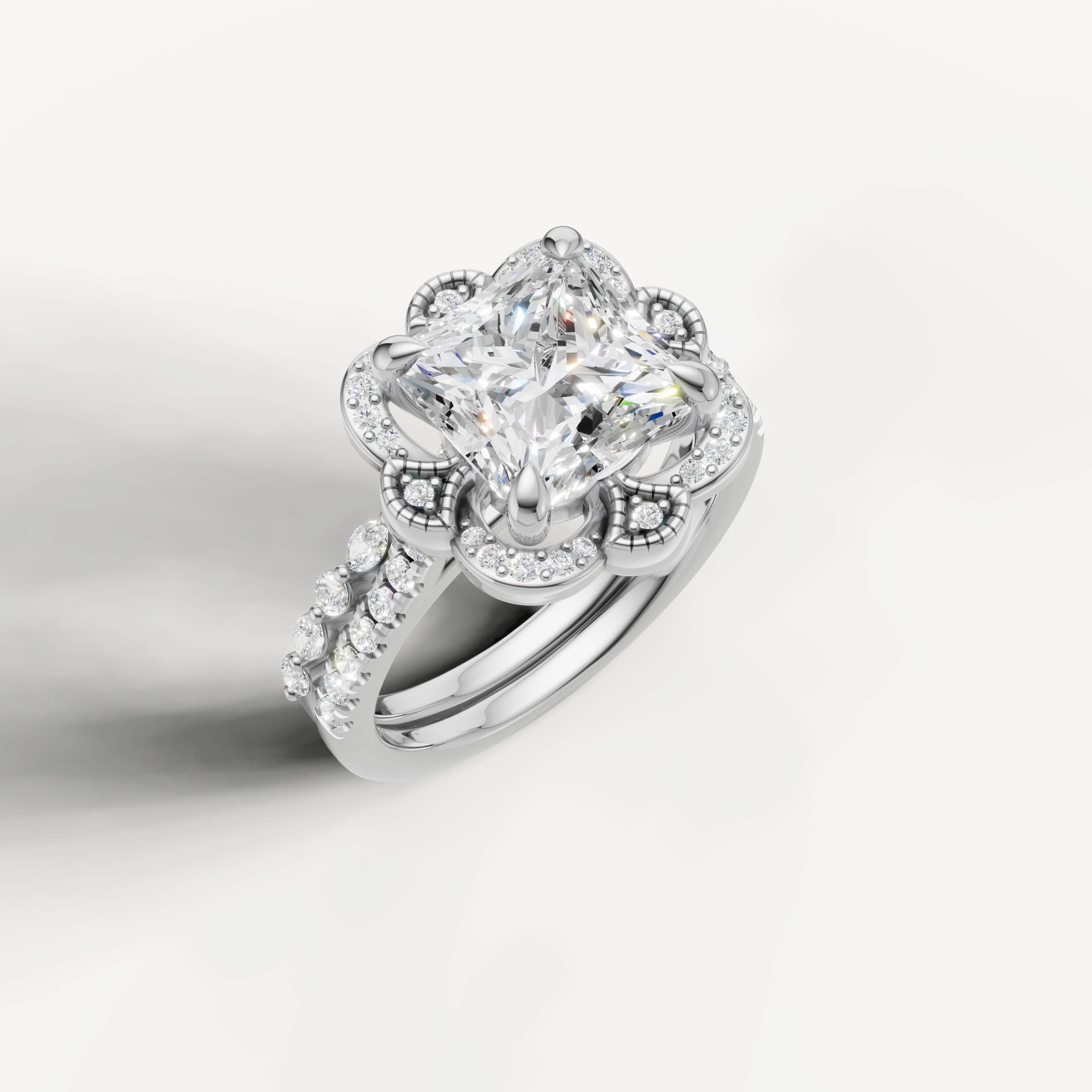 Classic Princess Diamond Bridal Ring Set with Vintage Halo White Gold
