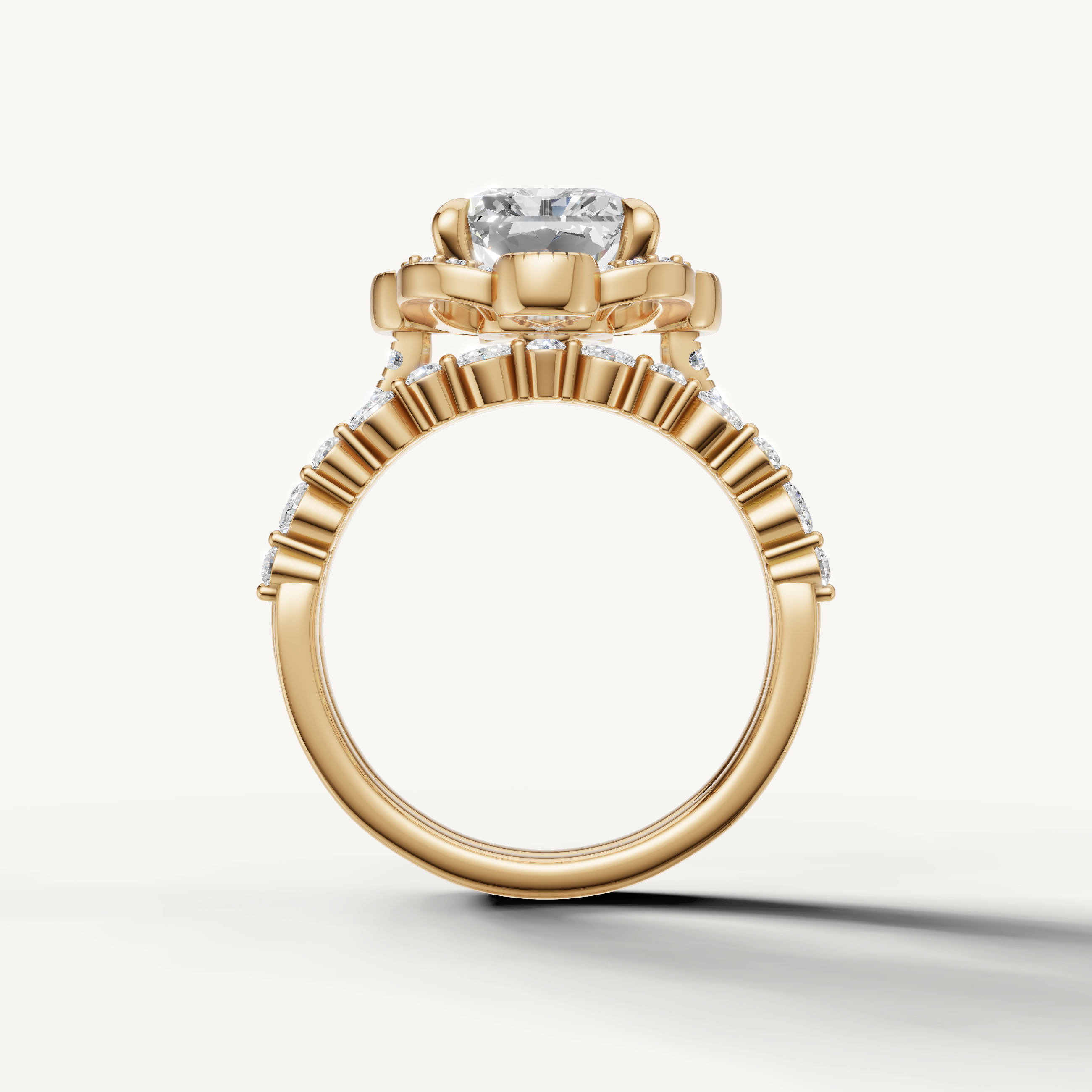 Vintage Inspired Radiant Halo Bridal Set Ring with Diamond Split Band Yellow Gold
