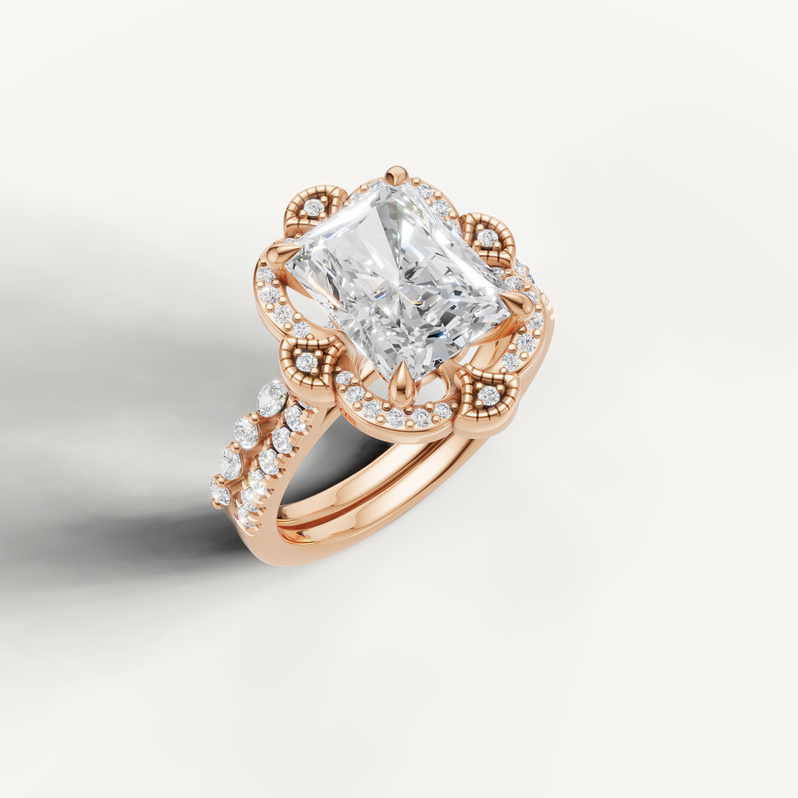 Romantic Radiant Diamond Engagement Bridal Set with Floral Halo Rose Gold