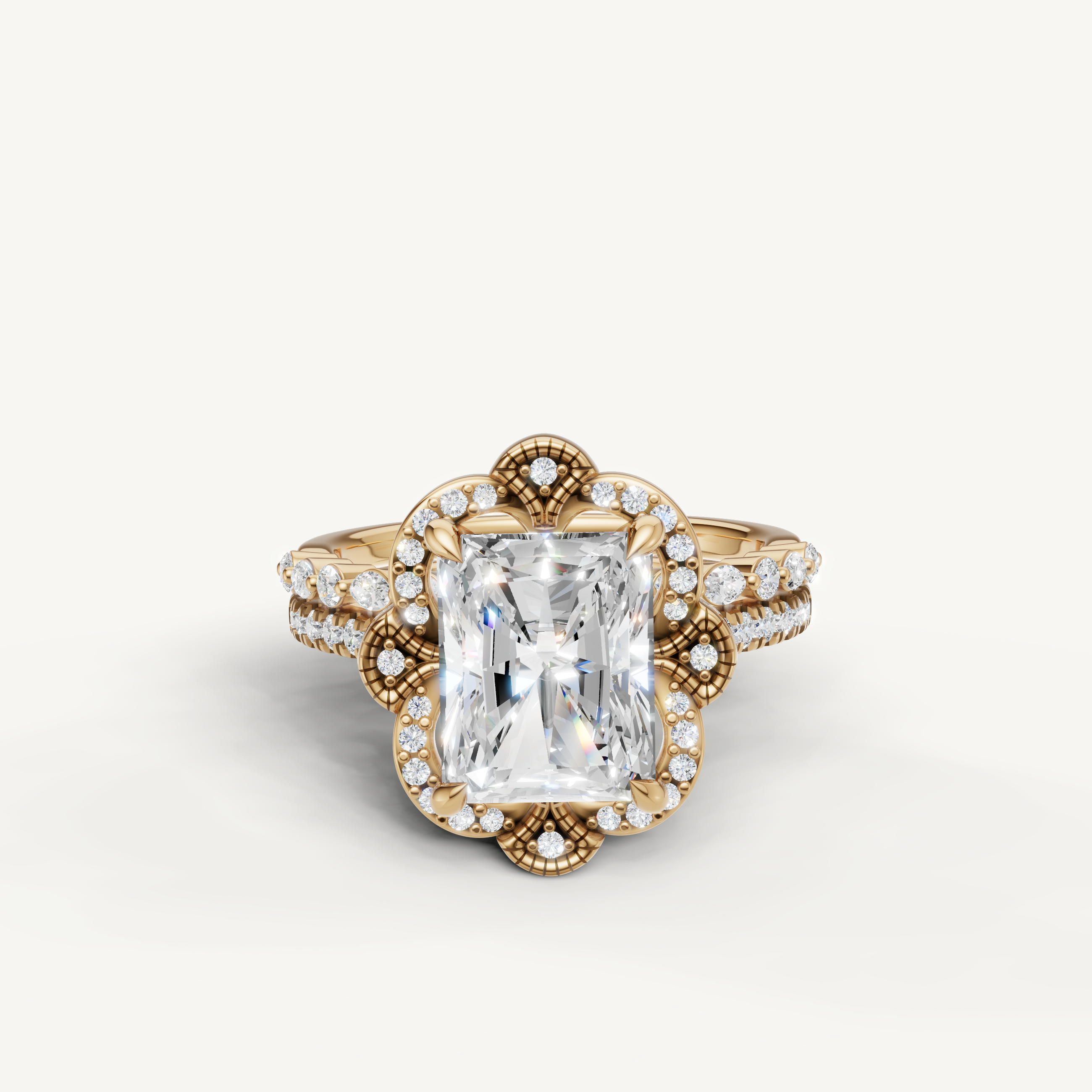 Raul Diamonds Radiant Cut Lab Grown Diamond Floral Halo Bridal Set in 14K Yellow Gold