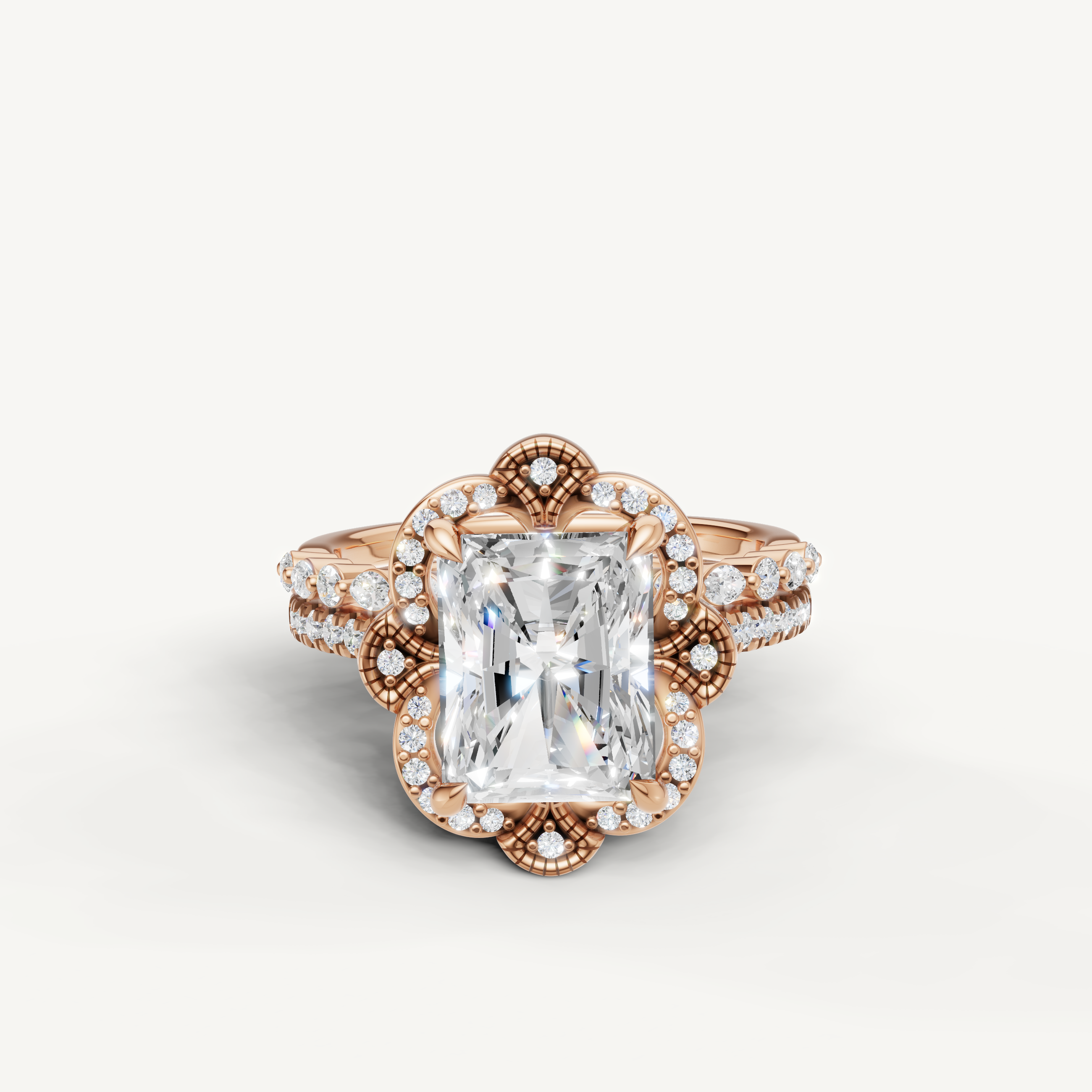 Raul Diamonds Radiant Cut Lab Grown Diamond Floral Halo Bridal Set in 14K Rose Gold