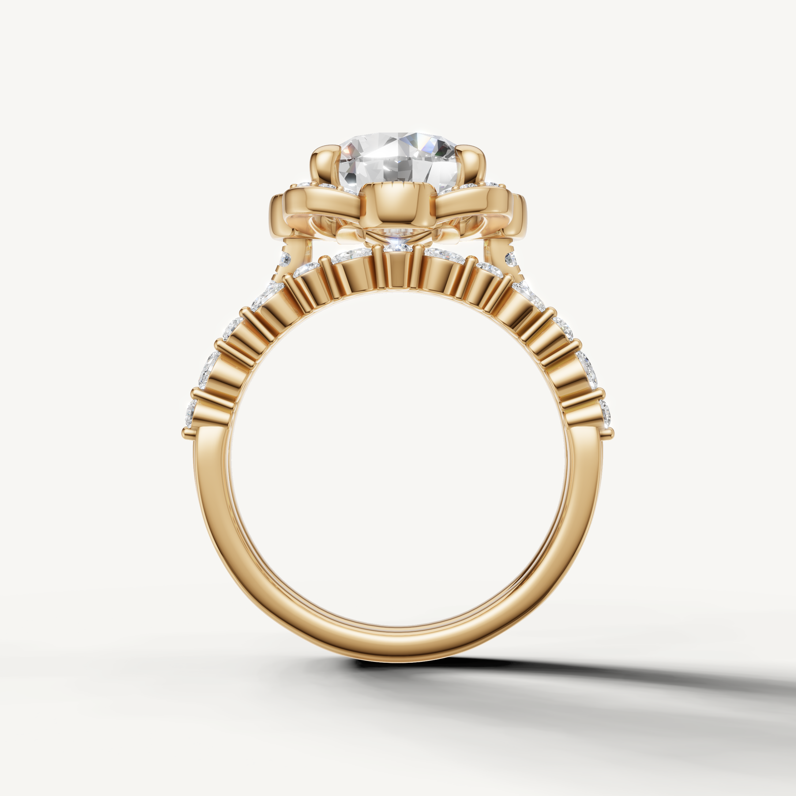 Vintage Inspired Round Halo Bridal Set Ring with Diamond Split Band Yellow Gold