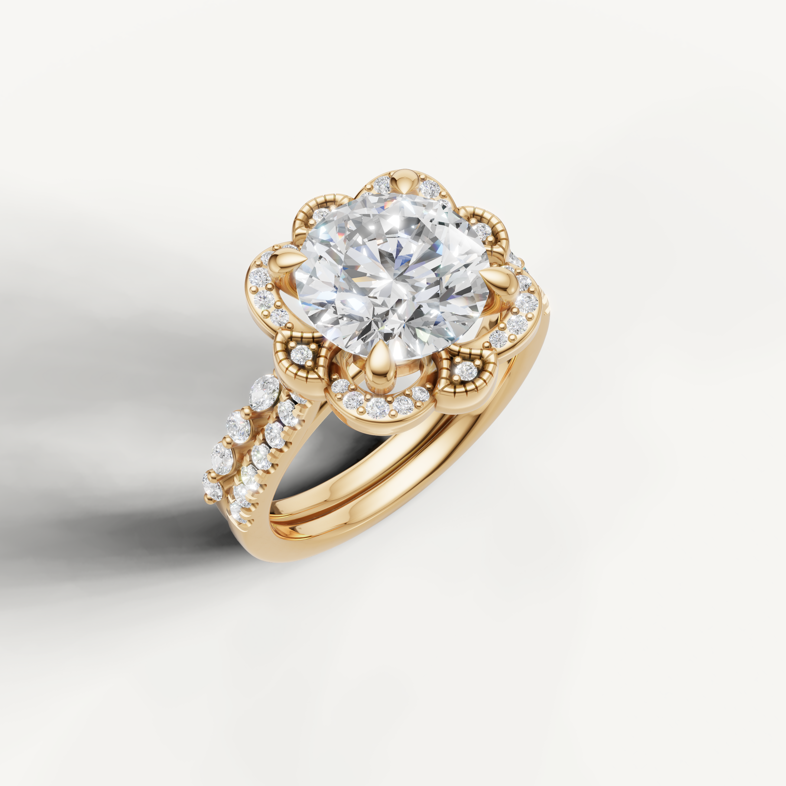 Elegant Round Diamond Bridal Ring Set with Vintage Floral Halo Yellow Gold
