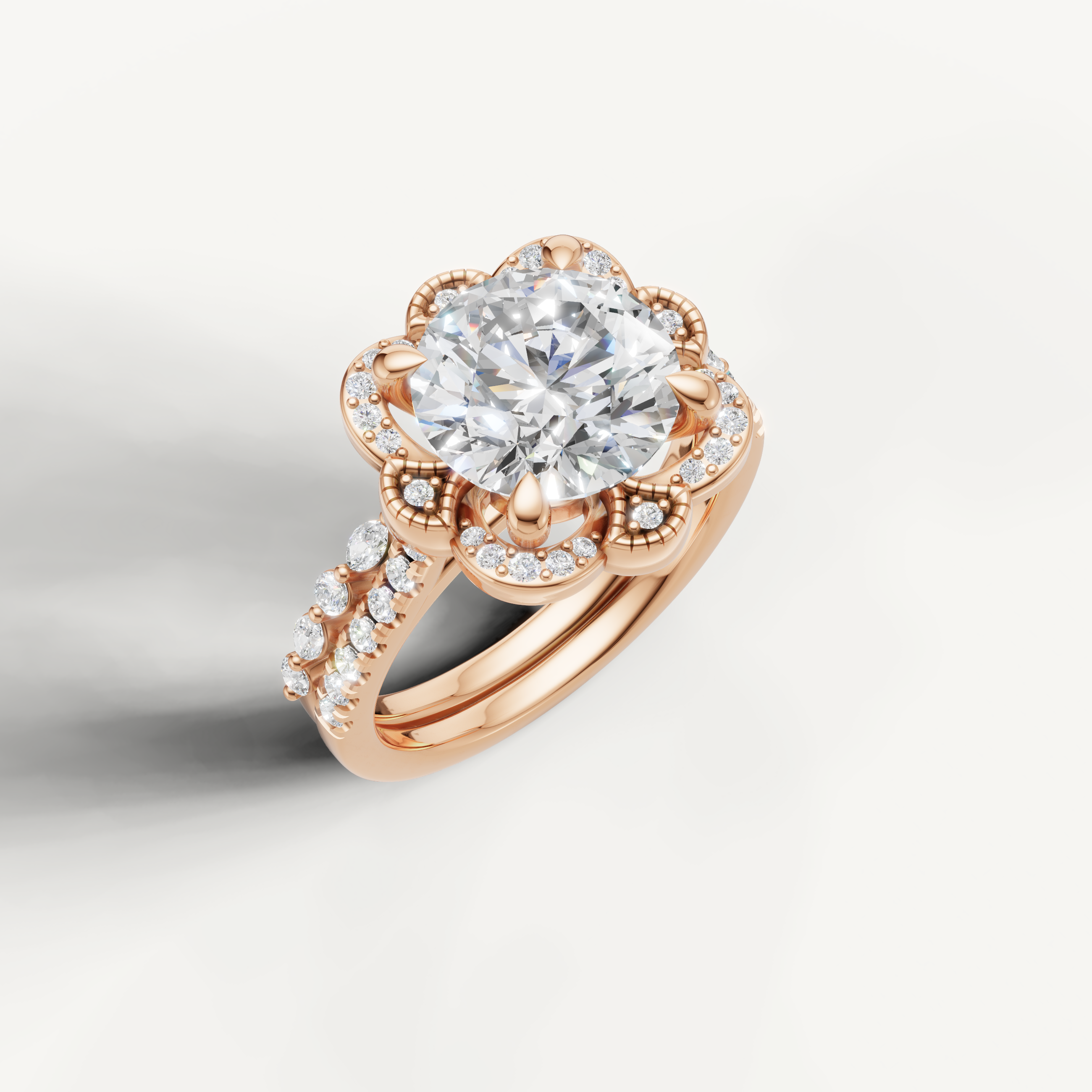 Romantic Round Diamond Engagement Bridal Set with Floral Halo Rose Gold
