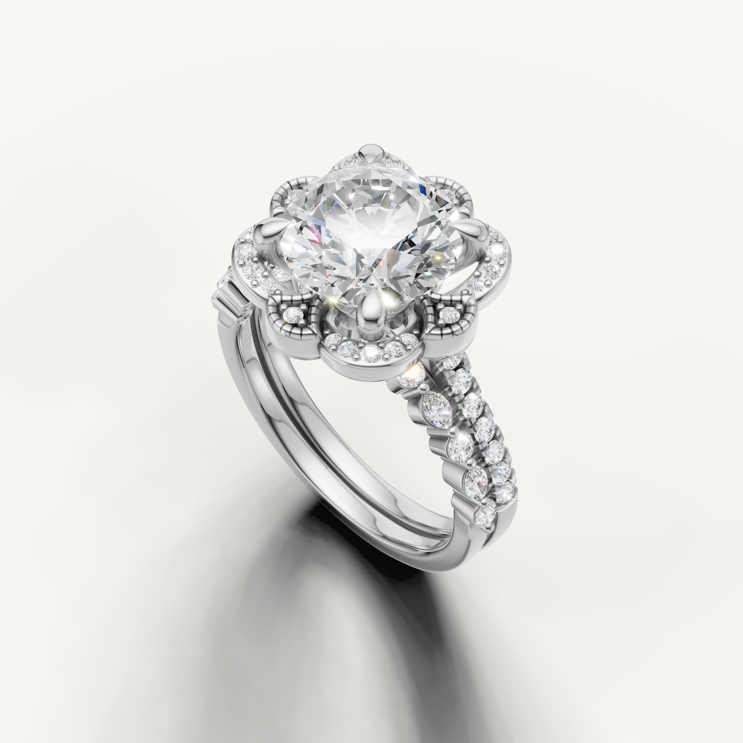 Modern Round Cut Lab Grown Diamond Bridal Set with Floral Pavé Halo White Gold