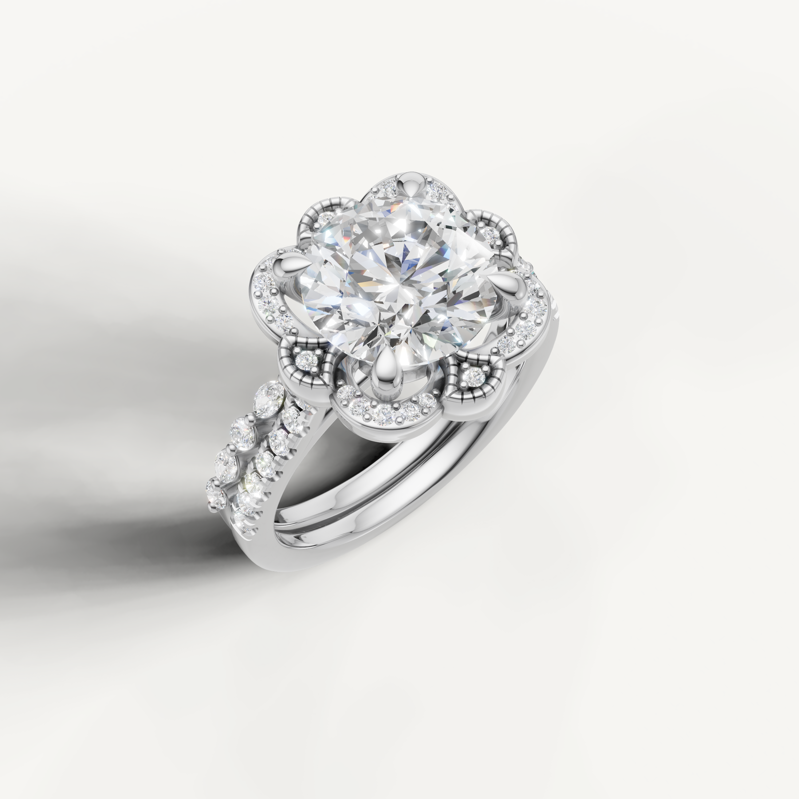 Classic Round Diamond Bridal Ring Set with Vintage Halo White Gold