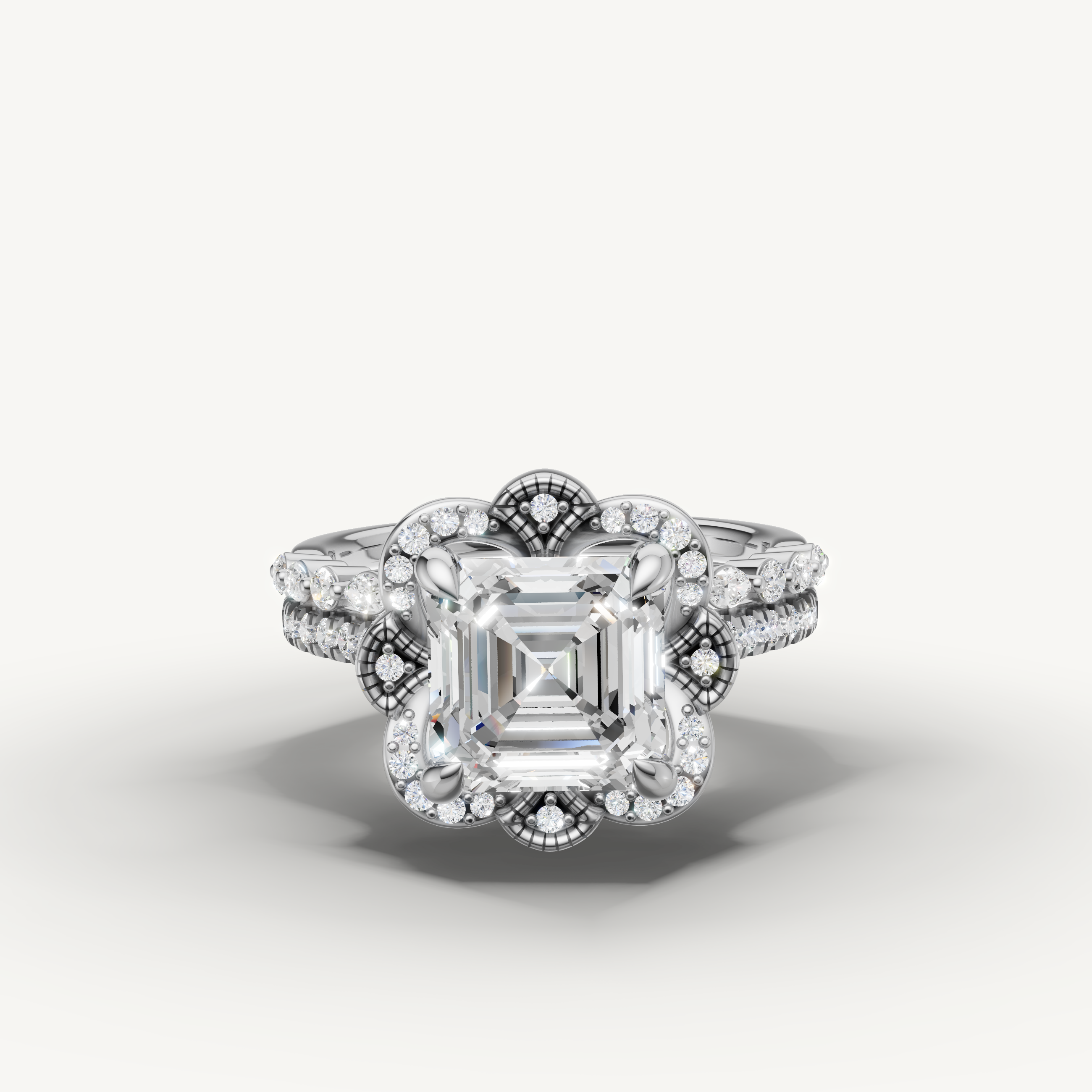 Classic Asscher Diamond Bridal Ring Set with Vintage Halo White Gold