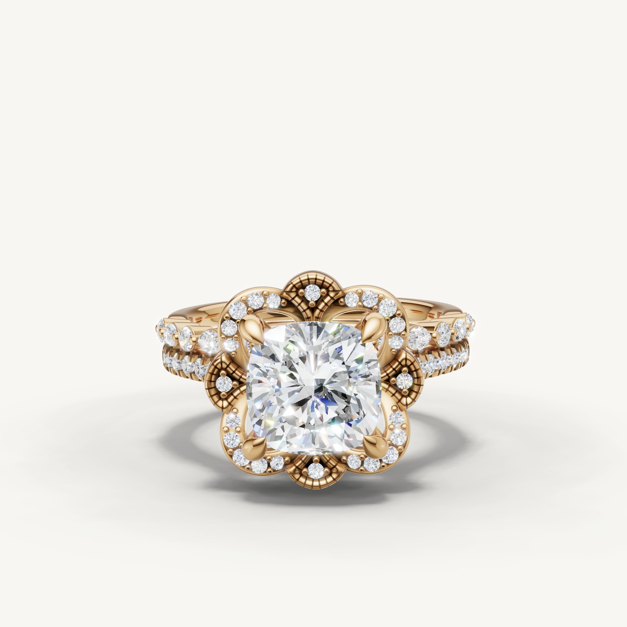 Elegant Cushion Diamond Bridal Ring Set with Vintage Floral Halo Yellow Gold