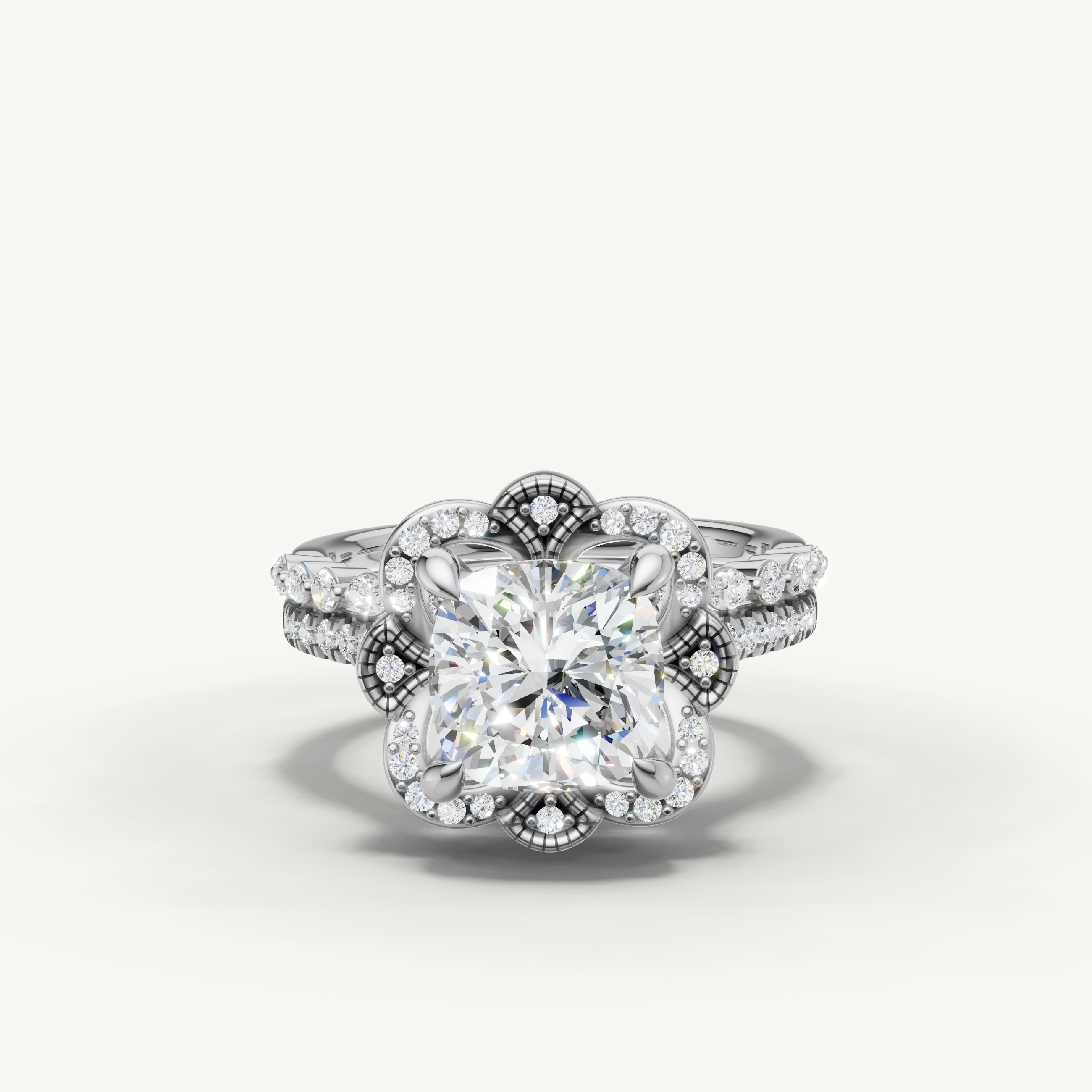 Classic Cushion Diamond Bridal Ring Set with Vintage Halo White Gold