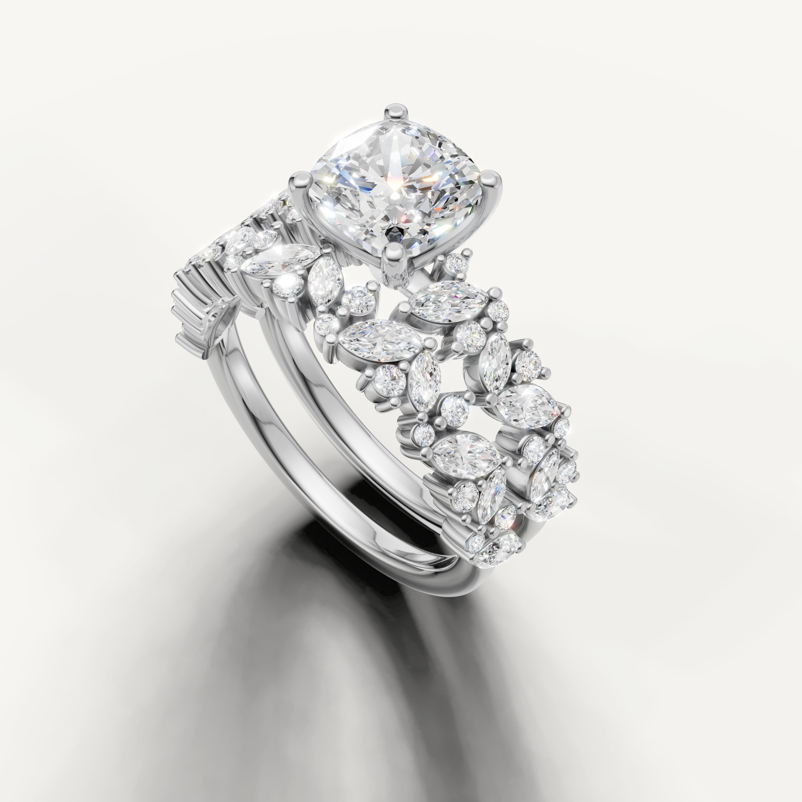 Luxury Cushion Cut Lab Grown Diamond Bridal Set with Wide Pavé Band White Gold