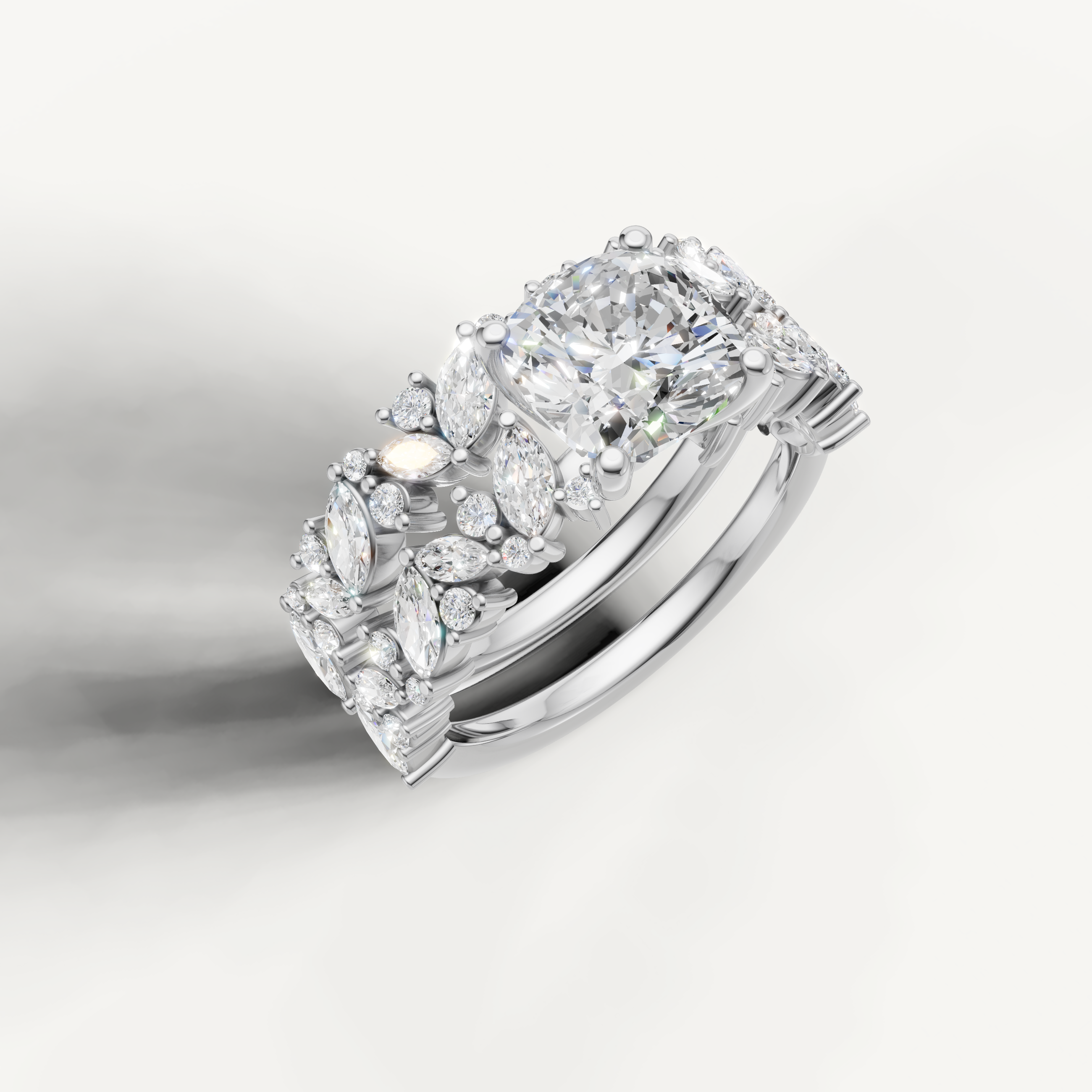 Elegant Cushion Diamond Bridal Ring Set with Floral Marquise Halo White Gold