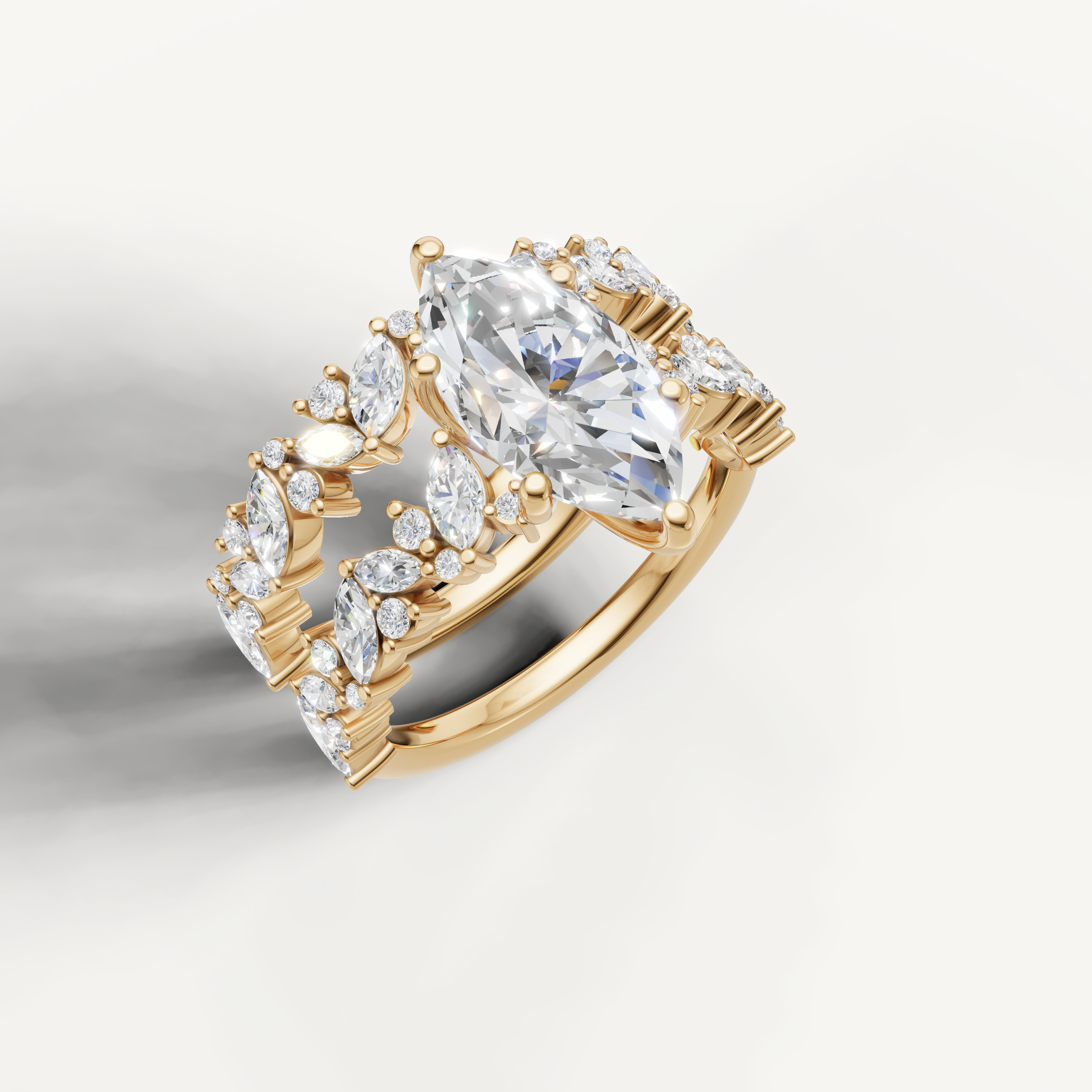 Luxury Marquise Diamond Bridal Ring Set with Floral Diamond Band Yellow Gold