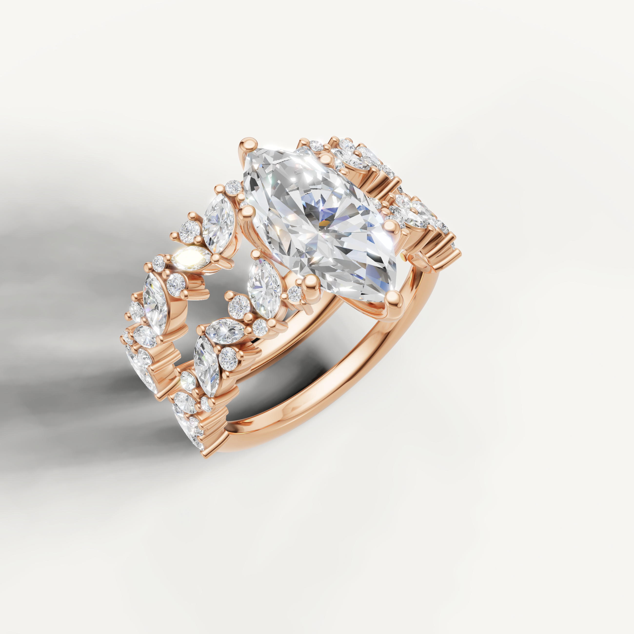 Romantic Marquise Diamond Bridal Ring Set with Marquise Accent Band Rose Gold