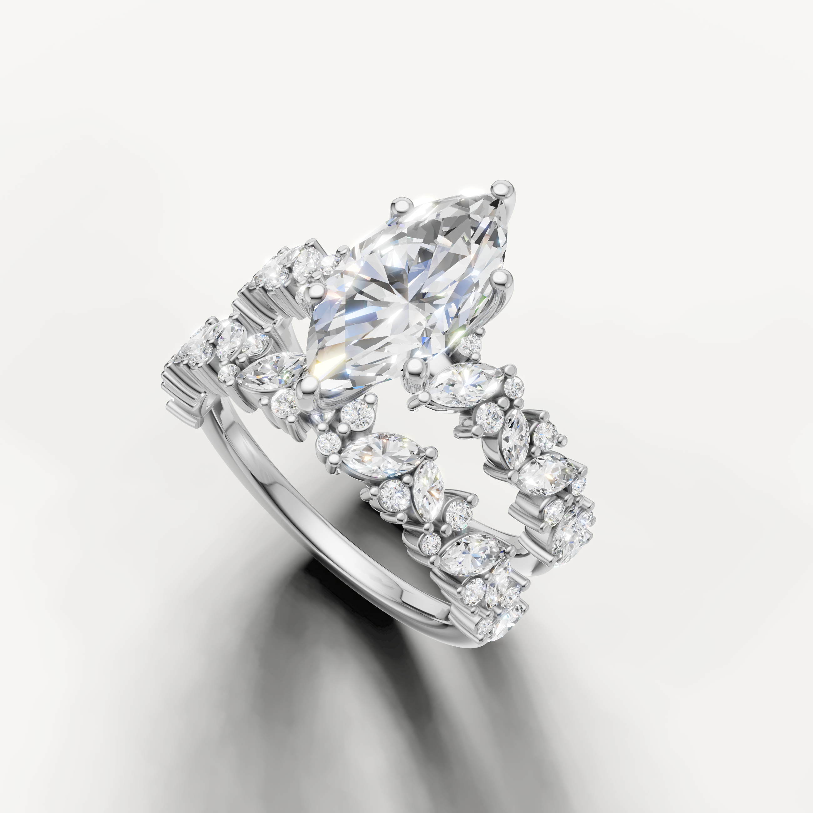 Luxury Marquise Cut Lab Grown Diamond Bridal Set with Wide Diamond Band White Gold