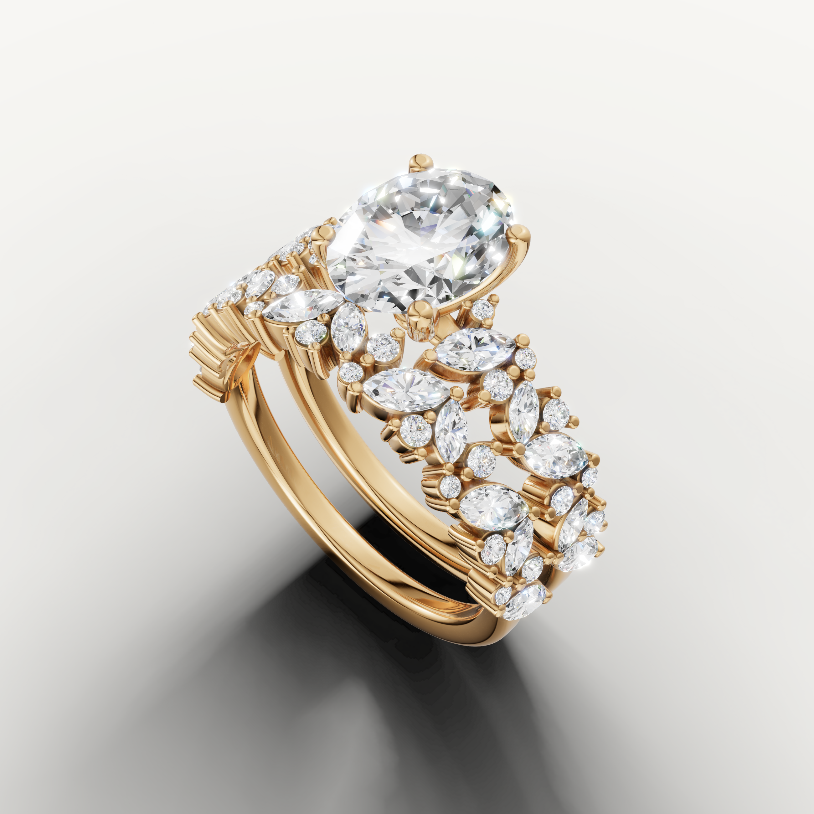 Oval Cut Lab Grown Diamond Engagement Bridal Set with Wide Diamond Band Yellow Gold