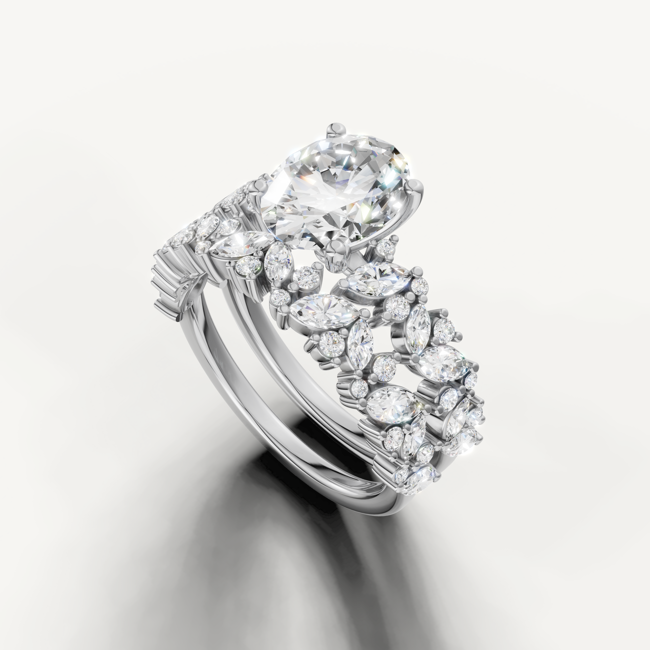 Luxury Oval Cut Lab Grown Diamond Bridal Set with Wide Pavé Band White Gold
