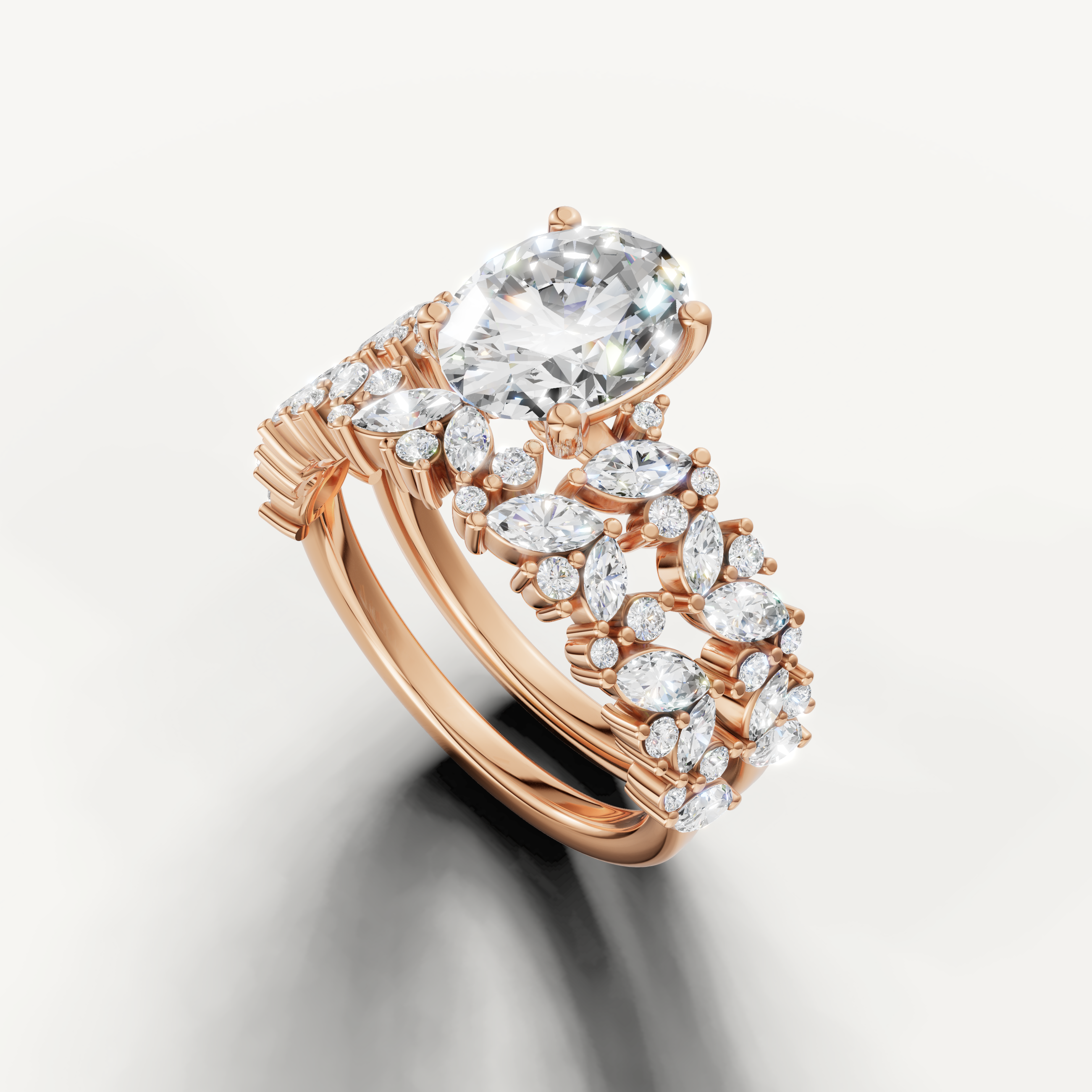Oval Cut Lab Grown Diamond Bridal Set with Double Diamond Band Rose Gold