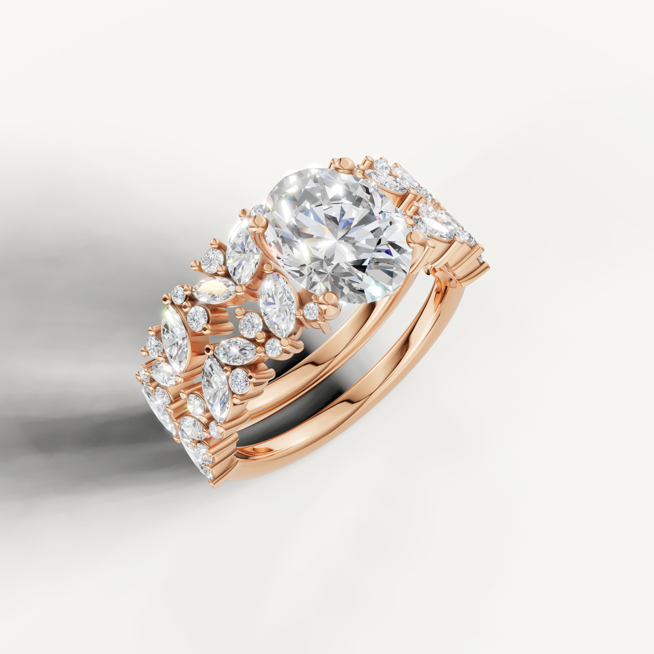Romantic Oval Diamond Bridal Ring Set with Marquise Diamond Accents Rose Gold